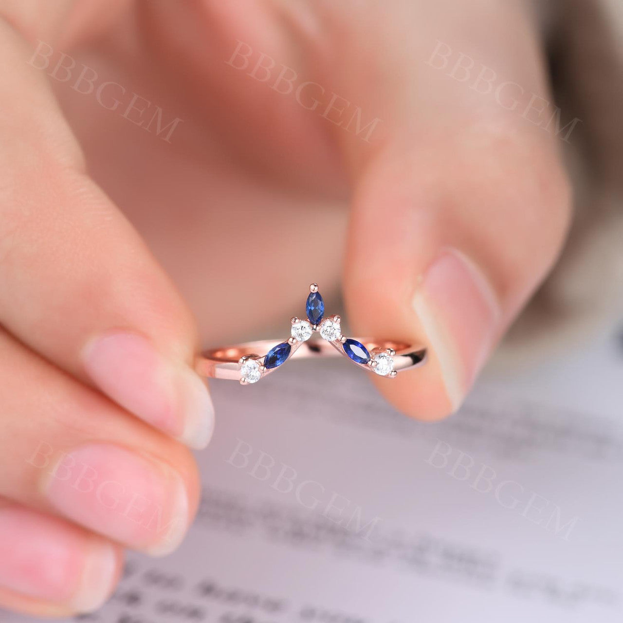 Rose Gold Diamond Sapphire Wedding Band - Curved V-Shaped Matching Ring Set for Women | Elegant Bridal Jewelry for Engagement, Anniversary & Special Occasions