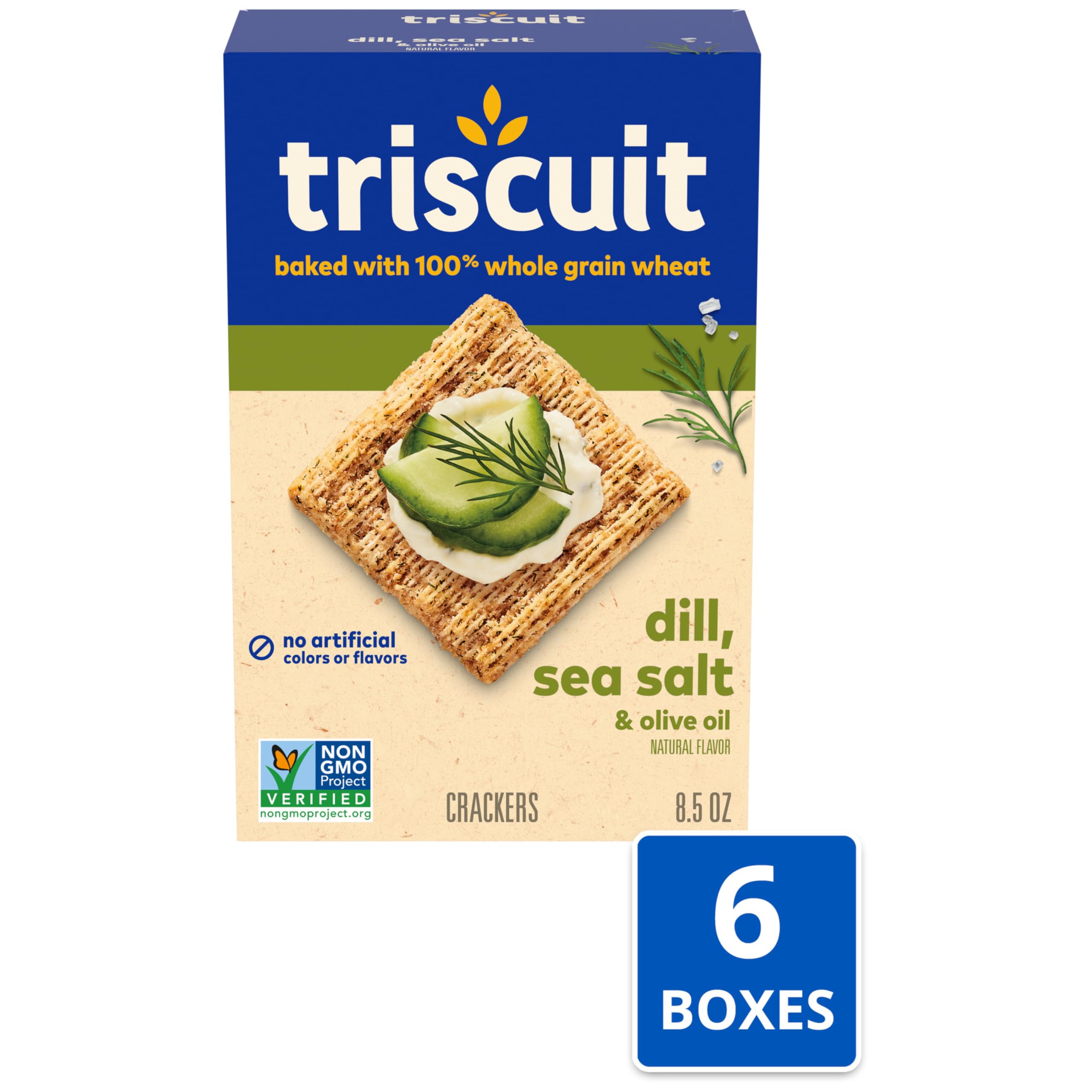 Triscuit Whole Grain Wheat Crackers - Dill, Sea Salt & Olive Oil Flavor | Healthy Lunch Snacks & Bulk Snack Crackers | 6 Pack (8.5 oz Boxes) | Perfect for Office, School & Picnic Snacking