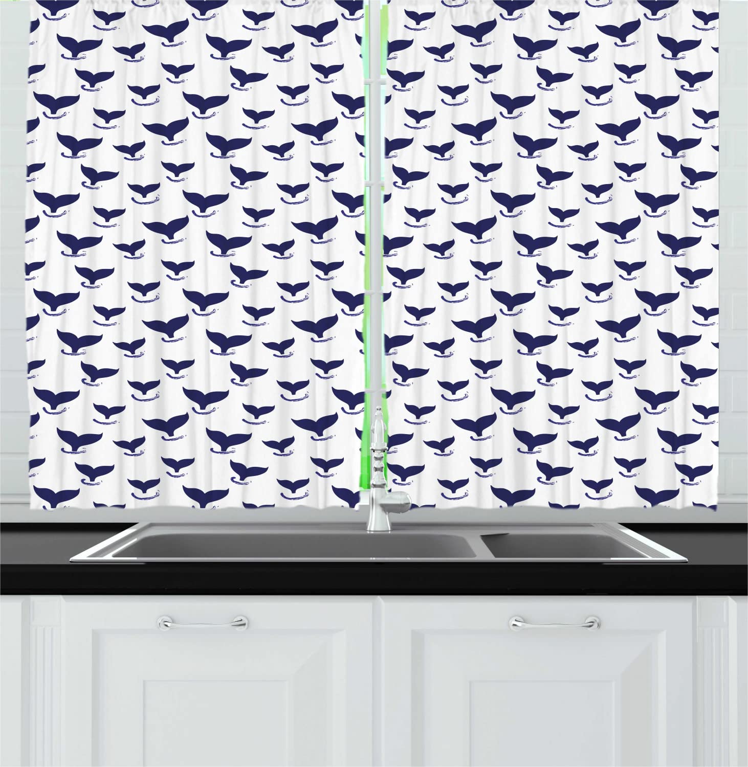 Ambesonne Whales Long Kitchen Curtains - Monochrome Underwater Fish Tail Pattern with Brushstroke Design, Set of 2 Rod Pocket Drapes 55