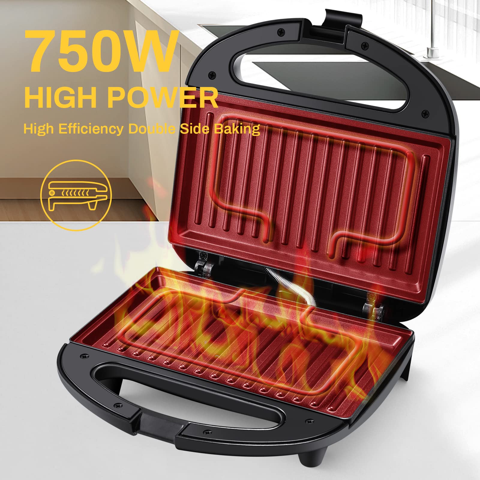 MONXOOK 750W Electric Panini Press & Sandwich Maker - 8.46