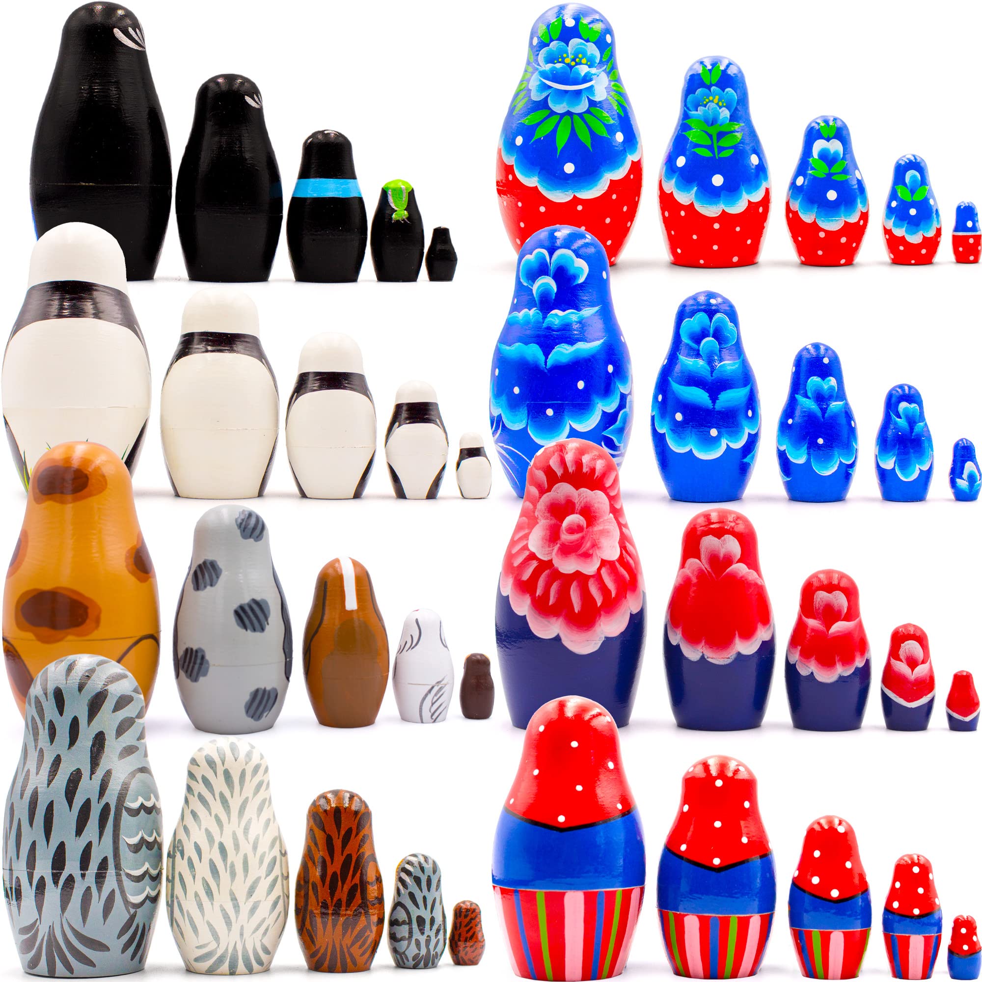 40-Piece AEVVV Russian Nesting Dolls Set - Floral Matryoshka, Penguin, Dog, Owl & Panda Stacking Dolls for Home Decor, Gift & Collectibles | Perfect for Kids Playroom, Nursery Decor & Cultural Souvenirs