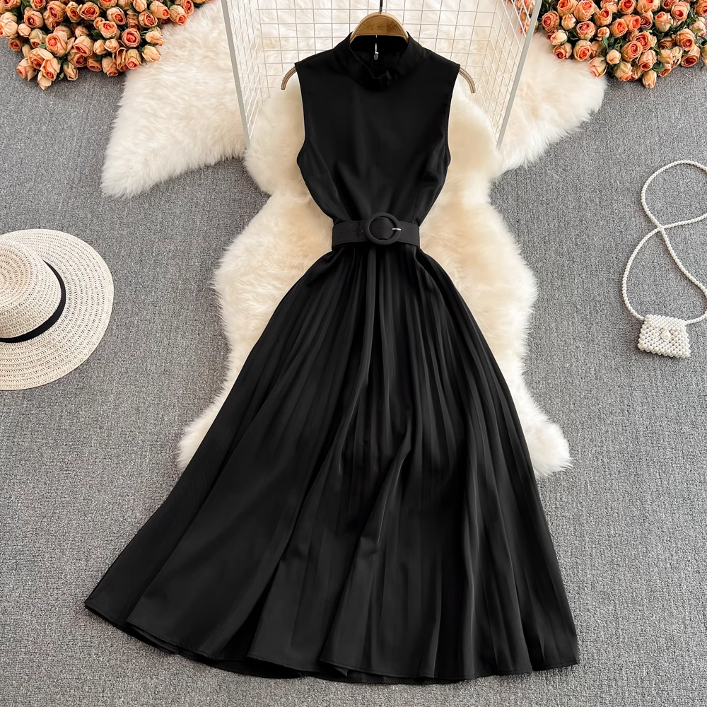 Fairy A-Line Sleeveless High Waist Pleated Dress for Women - Summer Flowy Midi Dress with Pockets | Perfect for Beach Vacations, Date Nights & Outdoor Parties