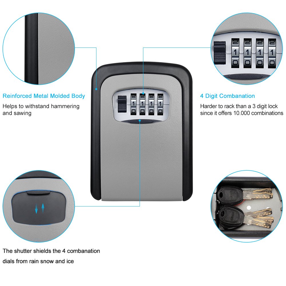 ELEOPTION 4-Digit Combination Key Lock Box - Wall Mount Safe for Outdoor Door, Home, Car & Office - Secure Key Storage with Weatherproof Design (Grey) | Perfect for Vacation Rentals, Airbnb Hosts & Property Managers
