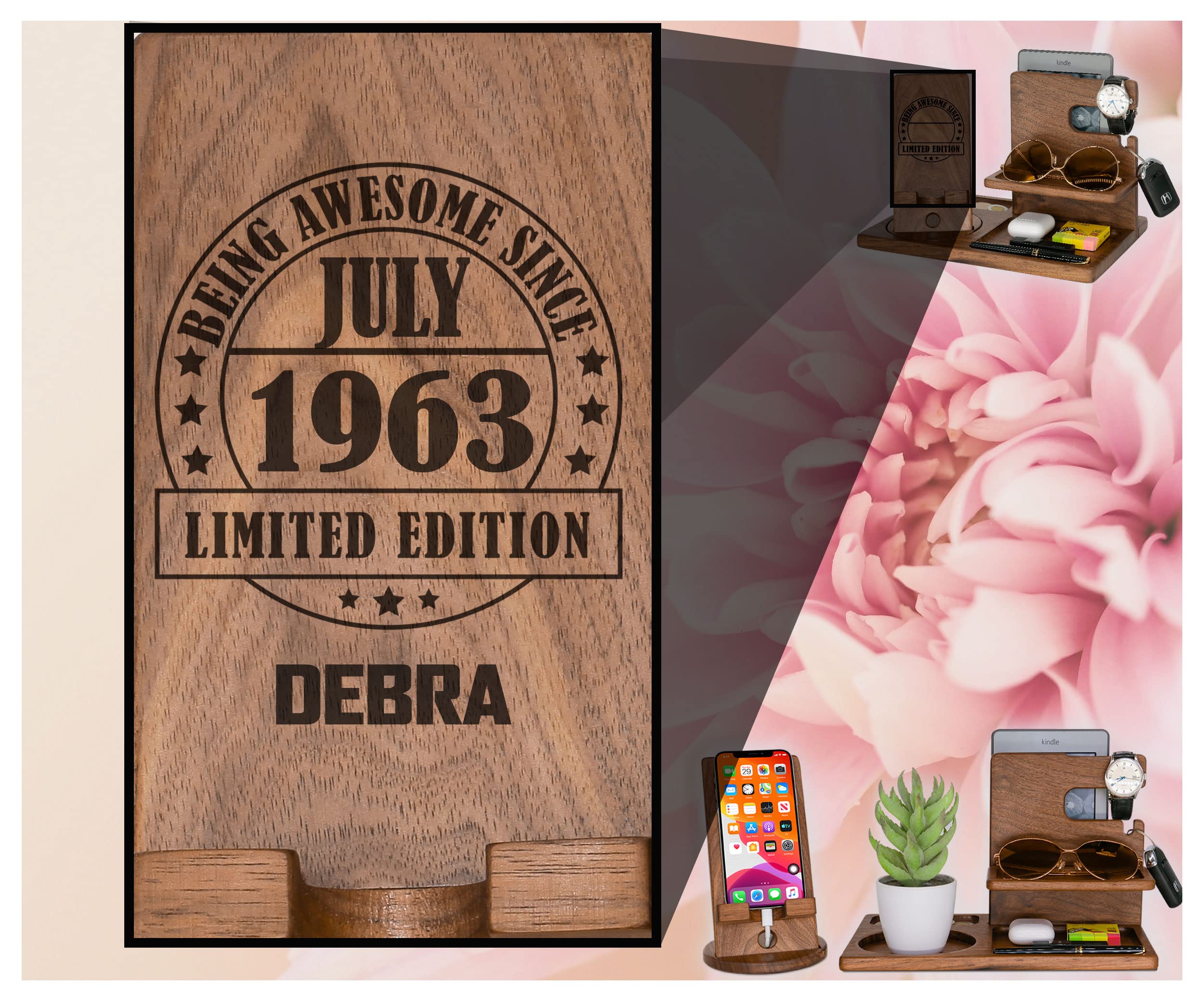 Custom Wooden Desk Organizer Gift for Debra - Personalized Birthday Present for Men & Women Born in July 1963 - Handmade Office Decor with Name Engraving - Perfect for Home, Office & Workspace Organization