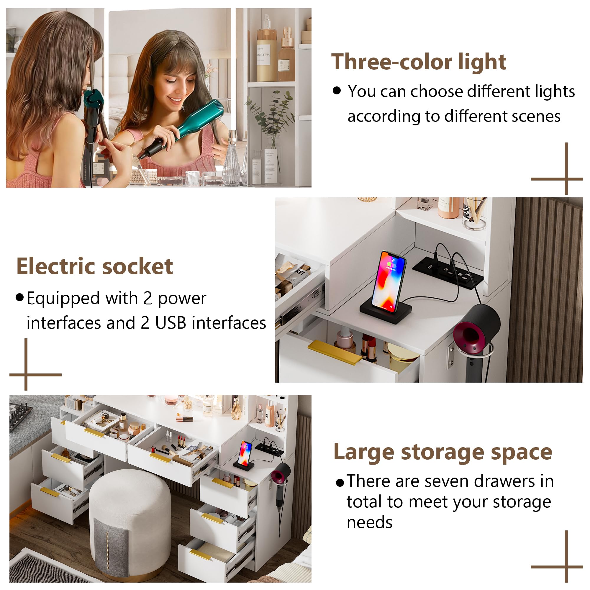 Large Makeup Vanity Desk with LED Lighted Mirror & Power Outlet, Brightness Adjustable Dresser Table with 3 Lighting Modes, 5 Drawers & Shelves, Hair Dryer Stand for Bedroom, White (No Stool) - Perfect for Home Salon, Bridal Dressing & Beauty Routine