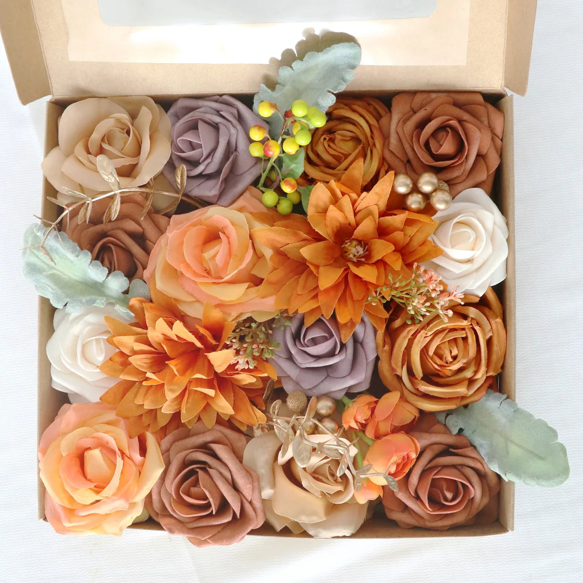 Yannew Burnt Orange Artificial Roses Combo Box - 24pcs Real Touch Silk Flowers for DIY Fall Wedding Bouquets, Boho Home Decor, Table Centerpieces & Seasonal Arrangements