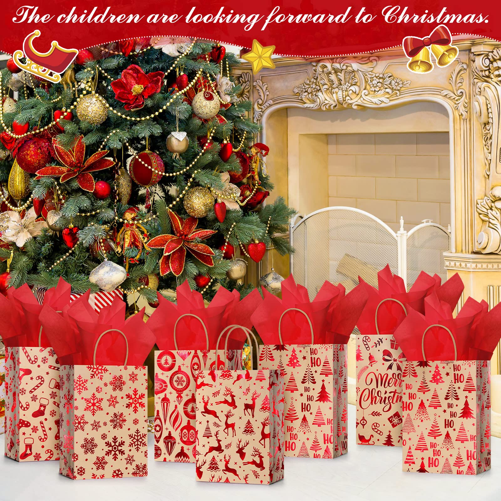 24 Pcs Christmas Gift Bags with Tissue Paper - Merry Christmas Kraft Paper Goodie Bags with Handles for Holiday Party Supplies (Red Snowflake, Small) | Perfect for Christmas Gifts, Office Party Favors & Festive Wrapping