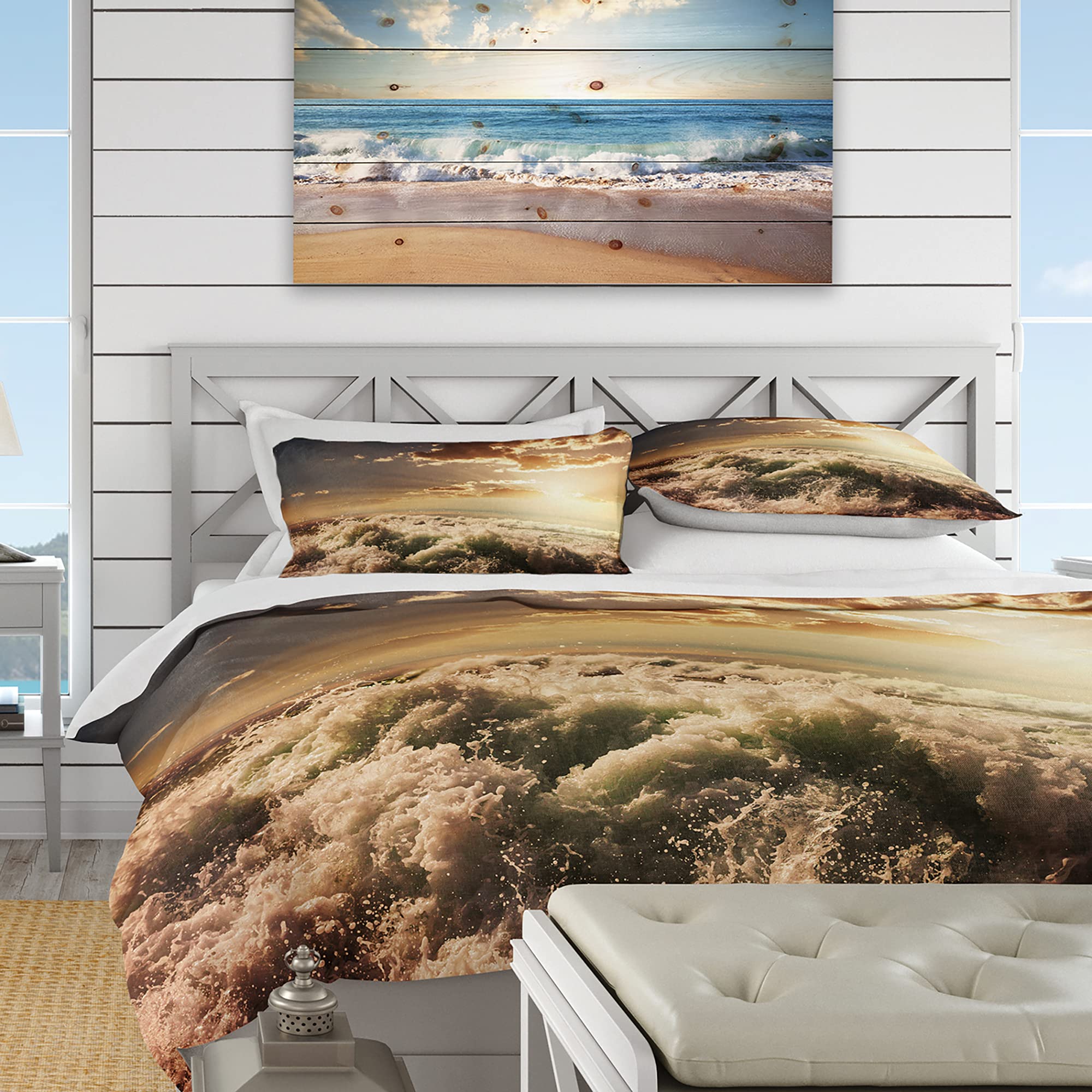 Troubled White Waves on Beach Nautical & Coastal Duvet Cover Set - King Size White Beach Bedding 3-Piece Set for All Seasons | Perfect for Coastal Themed Bedrooms, Guest Rooms & Vacation Homes