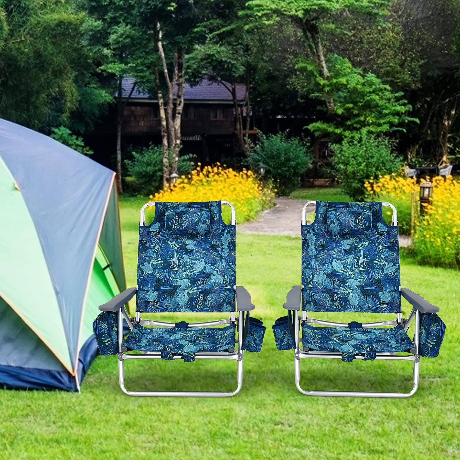 Goplus Folding Backpack Beach Chair for Adults - 5-Position Recliner with Head Pillow, Cooler Bag, Towel Bar & Cup Holders - Portable Sunbathing Lounge Chair for Beach, Poolside, Camping & Outdoor Relaxation