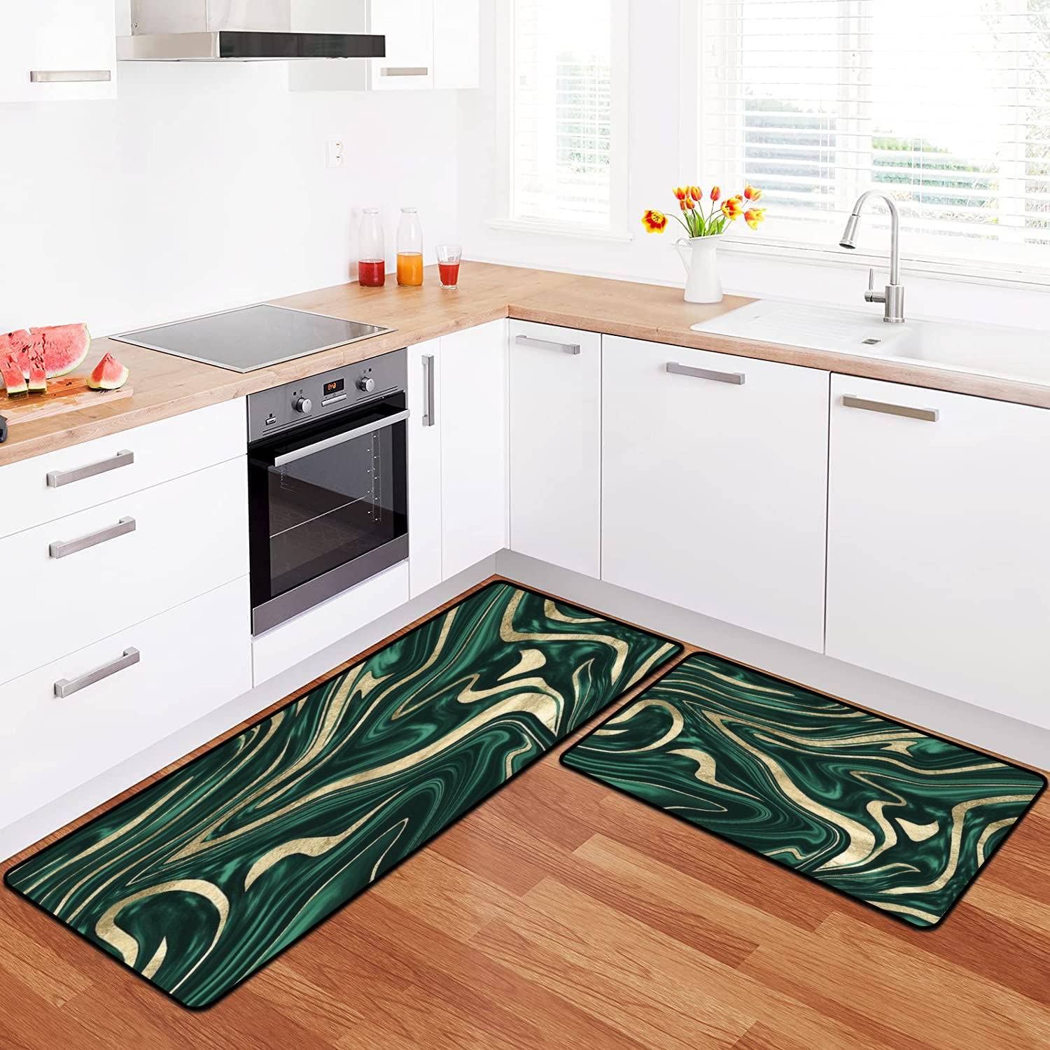 Emerald Green Black Gold Marble Kitchen Rugs Set - Non-Slip Washable Floor Mat, Runner & Doormat - Comfort Standing Mats for Kitchen, Bathroom Decor - Perfect for Home, Office & High-Traffic Areas