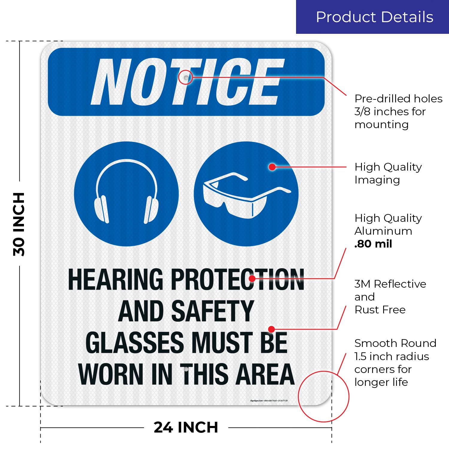 OSHA Compliant Safety Sign - 24x30 Inches 'Hearing Protection and Safety Glasses Required' Reflective Aluminum Sign | 3M EGP .080 Thick, Fade Resistant for Indoor/Outdoor Use | Made in USA | Perfect for Construction Sites, Factories & Hazardous Work Areas