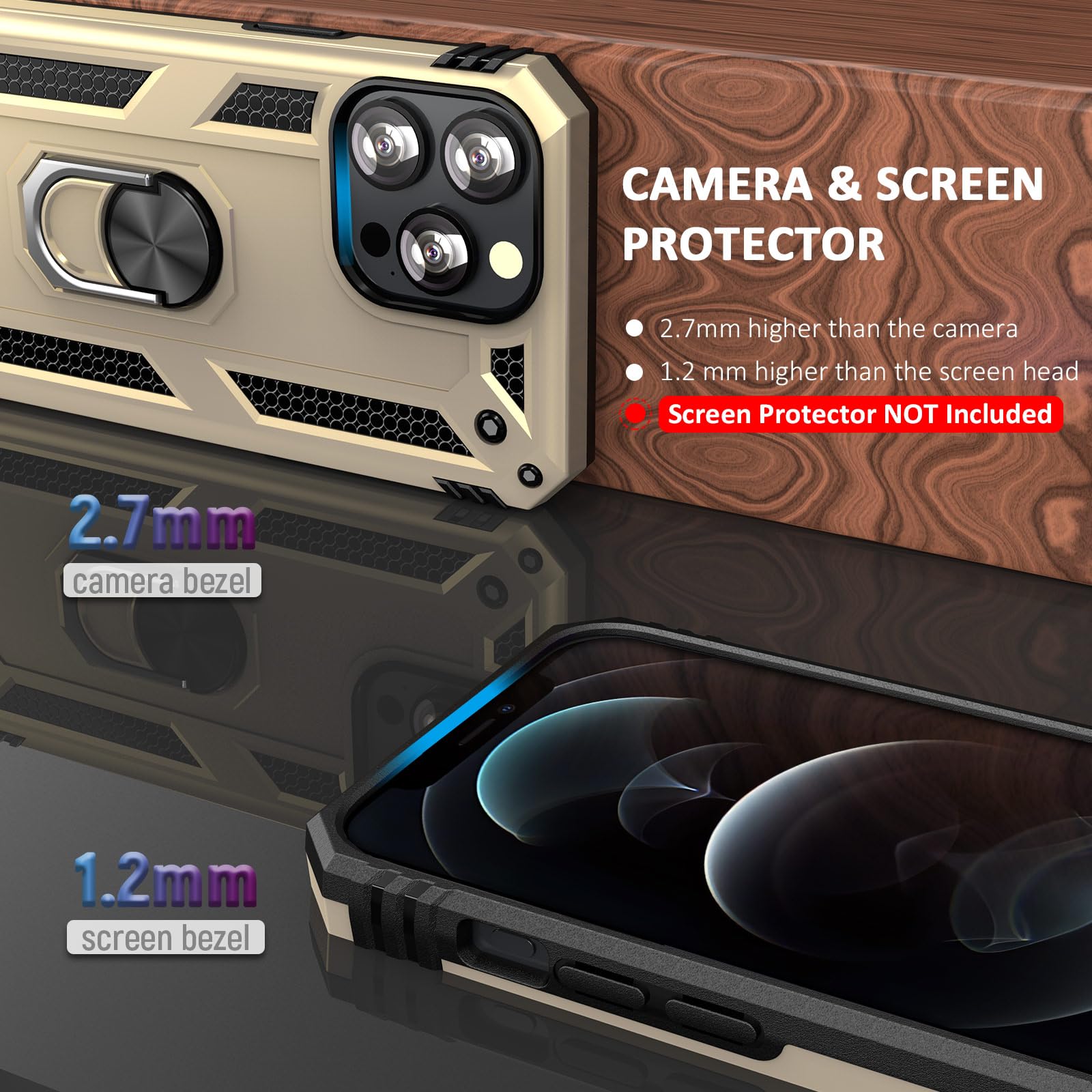 Military Grade Shockproof iPhone 12/12 Pro Case with Ring Stand & Kickstand - 6.1 Inch Protective Cover, Anti-Scratch Bumper for iPhone 12 & 12 Pro (Gold) | Perfect for Car Mounting, Hands-Free Viewing & Outdoor Activities
