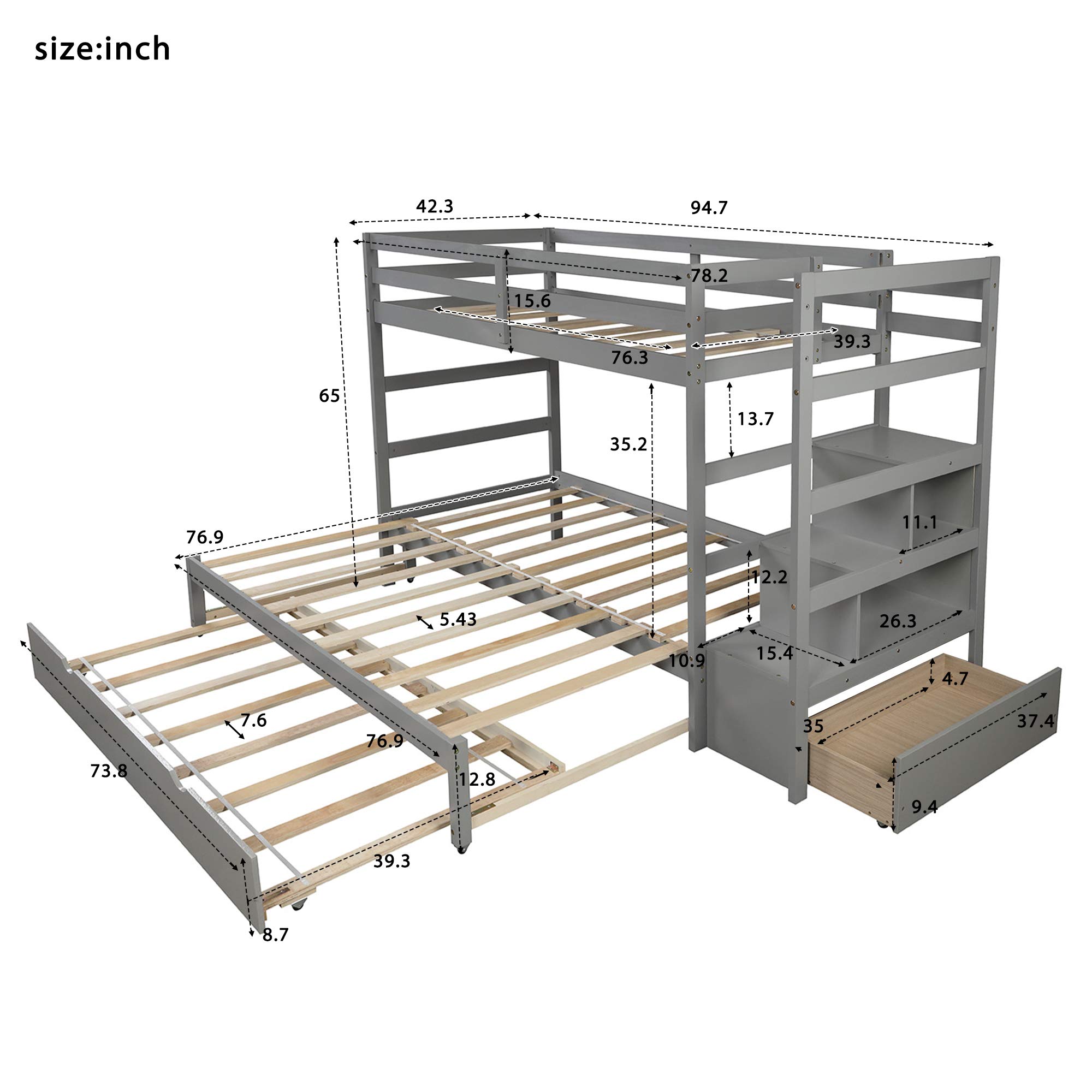 **Solid Wood Twin Over Twin/King Bunk Bed with Trundle & Storage Staircase - Kids & Teens Bunk Bed with Side Shelves & Drawer, No Box Spring Needed (Gray) - Perfect for Small Bedrooms, Guest Rooms & Vacation Homes**