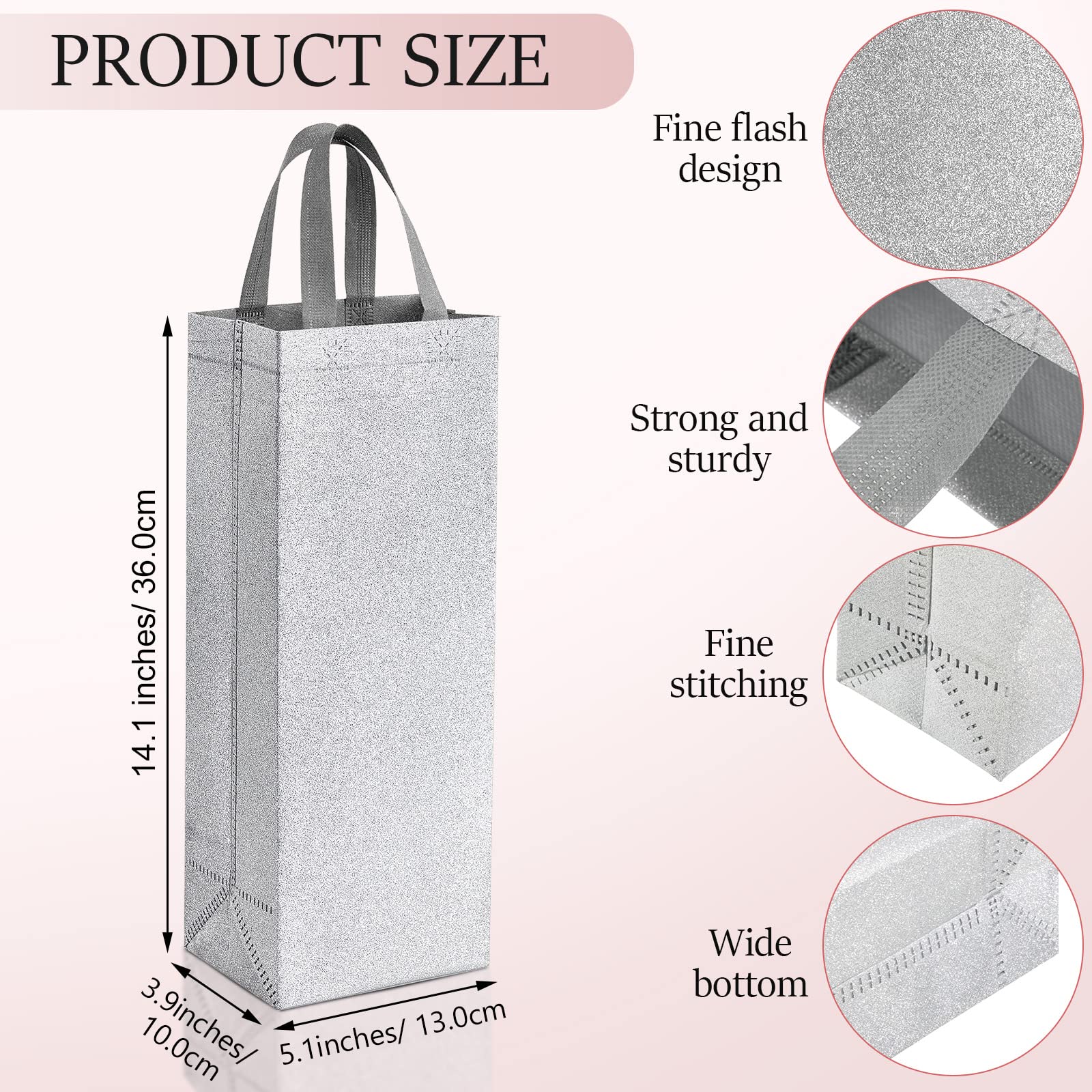 Woanger 48 Pcs Reusable Metallic Glitter Wine Gift Bags with Handles - Non Woven Bottle Bags for Holiday Gifts, Wedding Favors, Housewarming Parties & Special Occasions | Perfect for Christmas, Anniversary & Birthday Celebrations