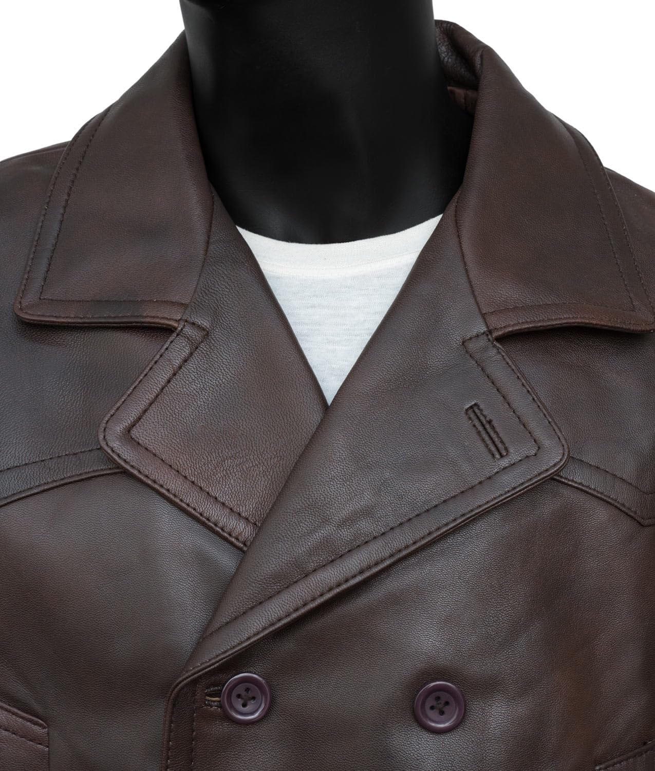 Higobo Men's Brown Leather Pea Coat - Double Breasted Winter Peacoat Jacket for Men | Warm & Stylish Outerwear for Business, Dating & Formal Occasions