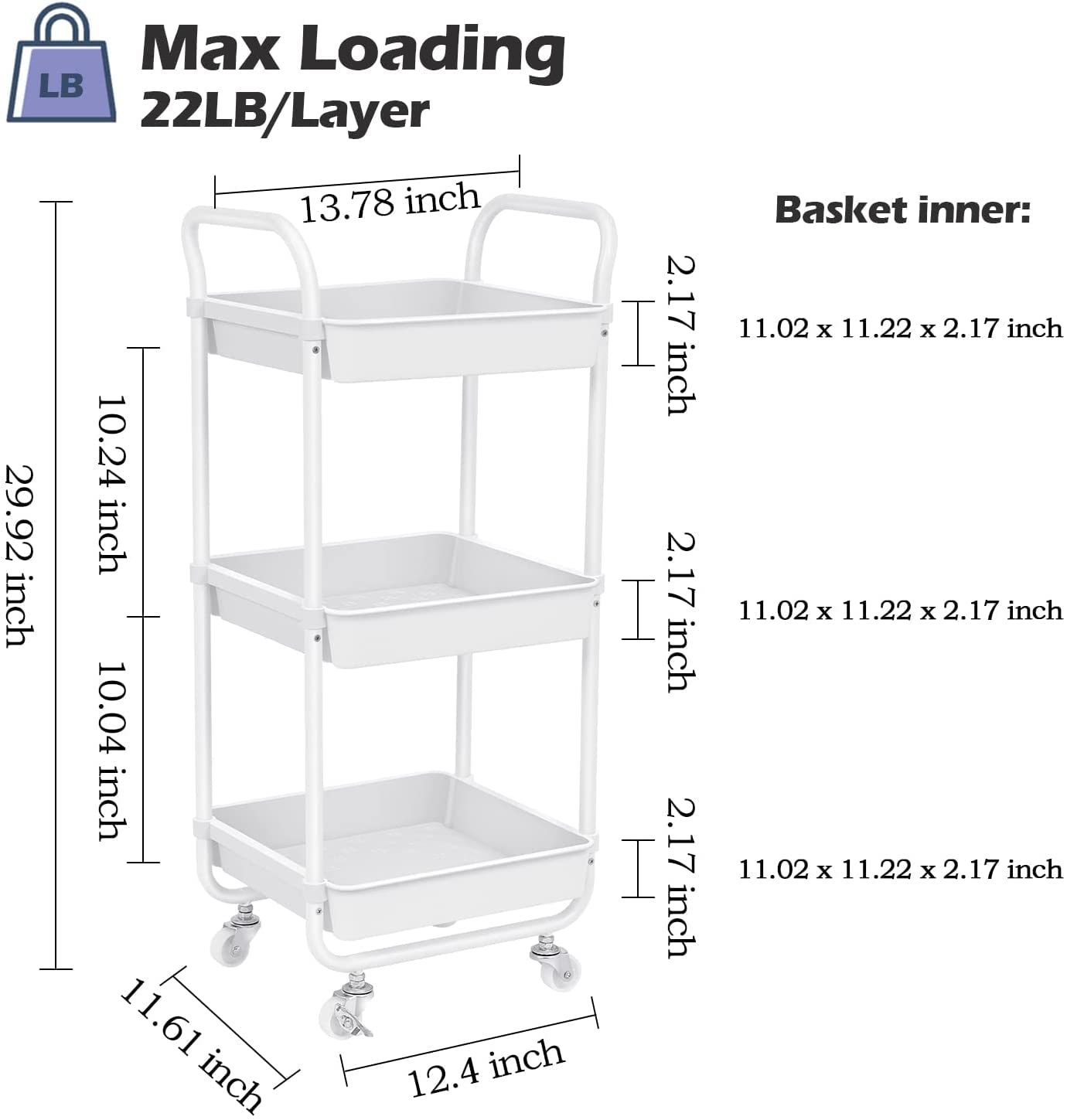 3-Tier Rolling Storage Cart with Wheels - Plastic Organizer Trolley for Kitchen, Bathroom & Living Room - Space-Saving Utility Cart for Home Organization, Groceries & Cleaning Supplies