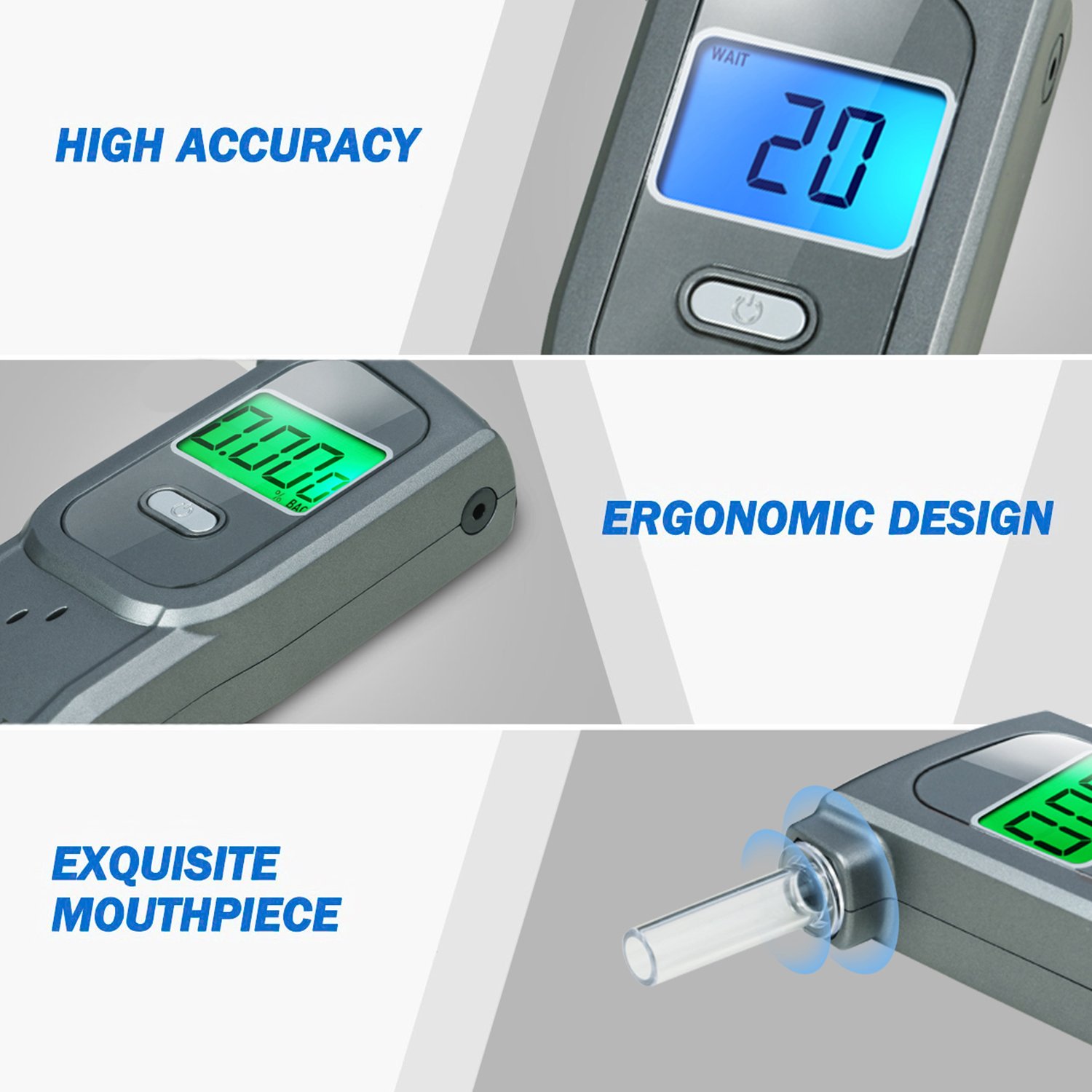Portable Breathalyzer Alcohol Tester with 32 Test Memory & 5 Mouthpieces - Grey | Accurate BAC Measurement for Personal, Workplace & Road Safety