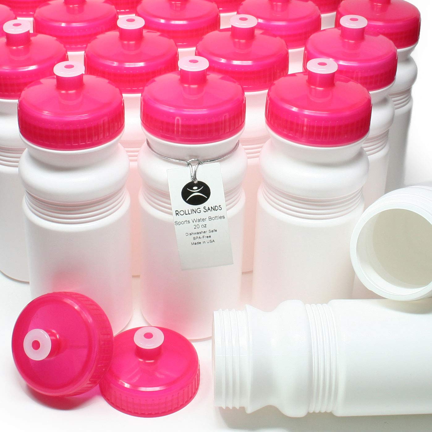 Rolling Sands 20oz BPA-Free Sports Water Bottles 100 Pack - Dishwasher Safe, Made in USA - Perfect for Gyms, Schools, Teams & Outdoor Activities