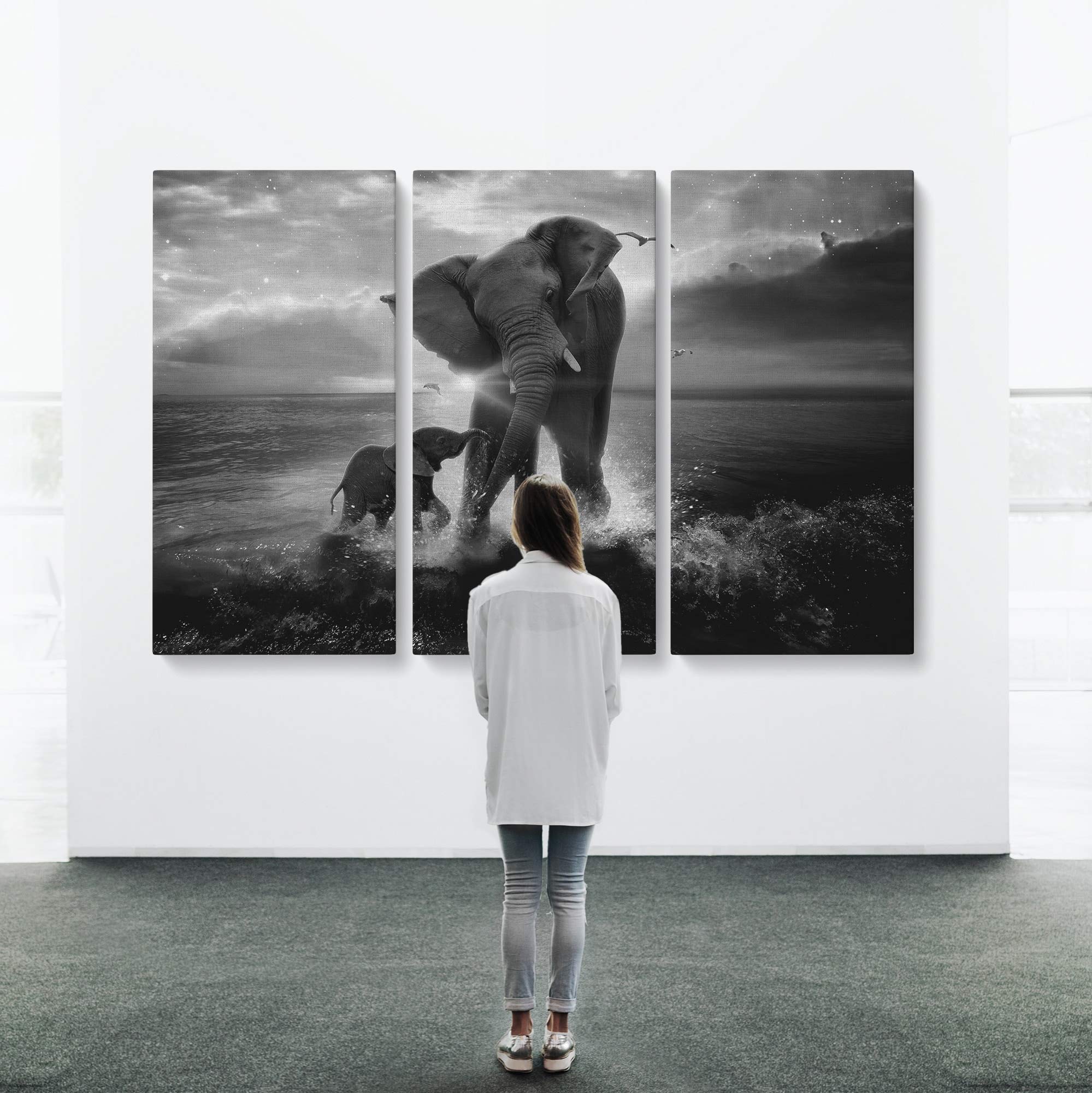 Elephant Canvas Wall Art - Large 3 Piece Set for Living Room, Bedroom & Office Decor - Hand Painted Modern Home Decorations