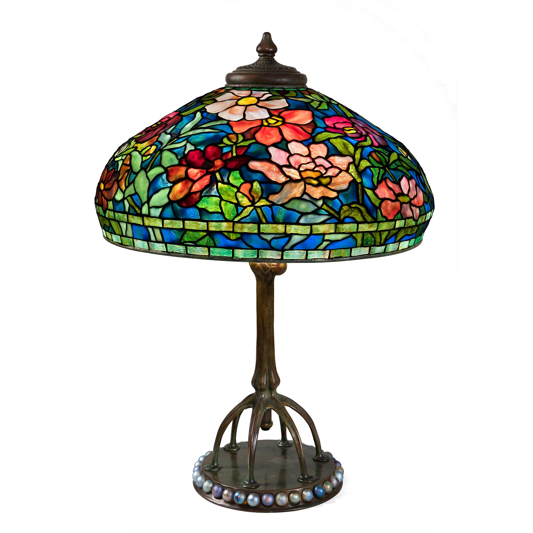 Tiffany Studios New York Peony Table Lamp - Handcrafted Stained Glass Floral Design, Vintage Home Decor for Living Room, Bedroom & Office