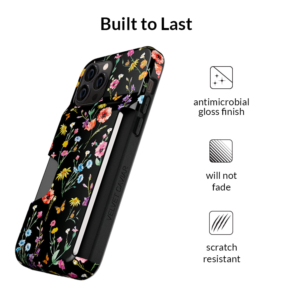 Premium Black Wildflower iPhone Wallet Case - Slim Protective Cover with Card Holder for iPhone 13/14/15 - Perfect for Everyday Use, Travel & Shopping