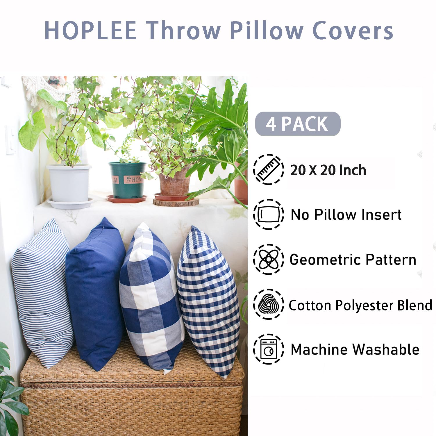 Premium HOPLEE 20x20 Inch Plaid Pillow Covers Set of 4 - Navy Blue Buffalo Plaid, Solid Navy, Stripe & Gingham Designs for Sofa, Bed & Home Decor
