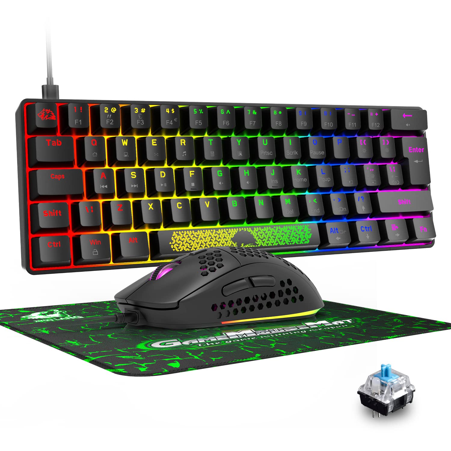 K65 Pro 60% Compact RGB Mechanical Gaming Keyboard & Honeycomb Optical Mouse Combo with Blue Switches - Anti-Ghosting for PC, Laptop, Xbox, PS4 - Perfect for Esports, Streaming & Office Work (Black)