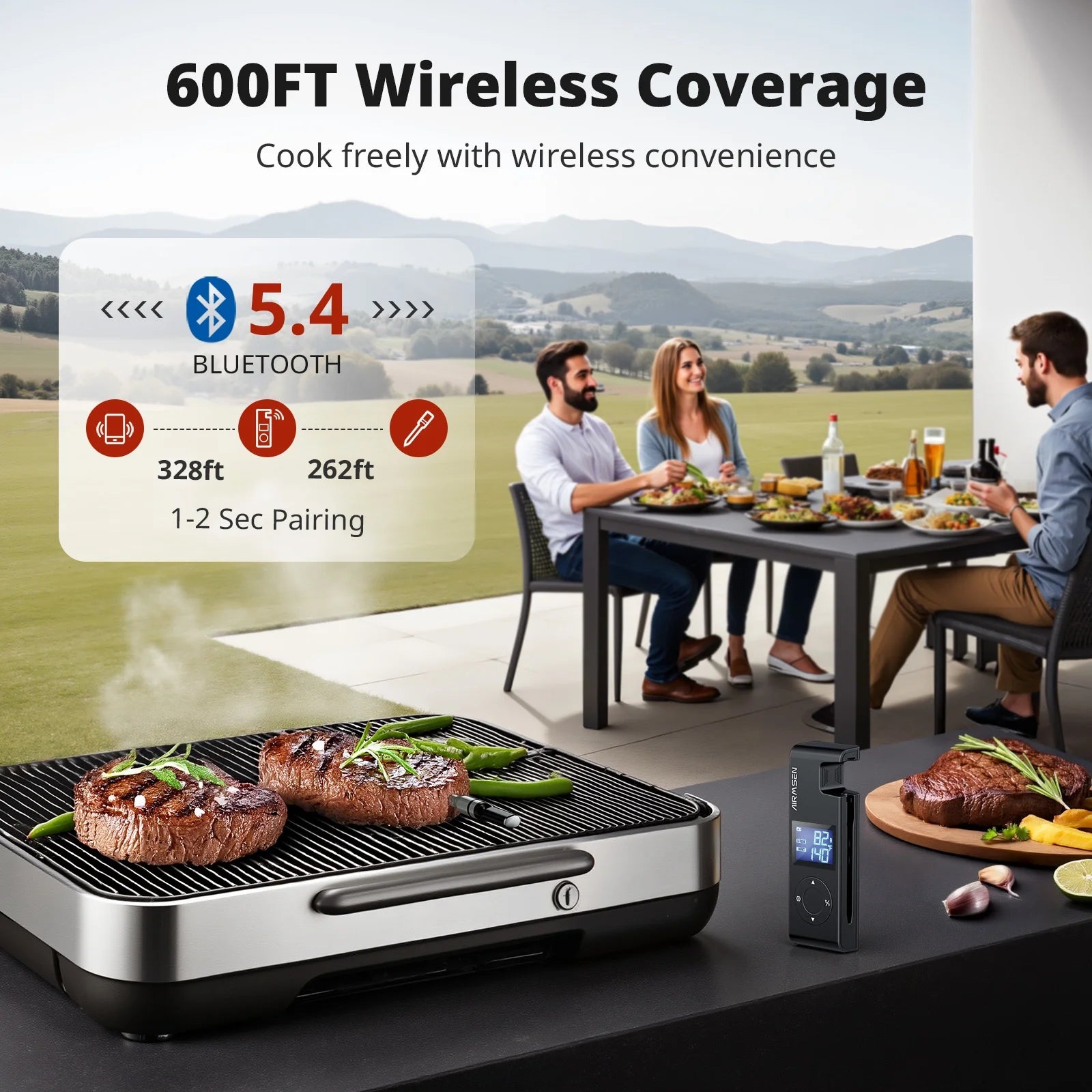 600FT Long Range Wireless Meat Thermometer with Standalone Display & Bluetooth 5.4 - Perfect for Grilling, Smoking, and BBQ Cooking Outdoors