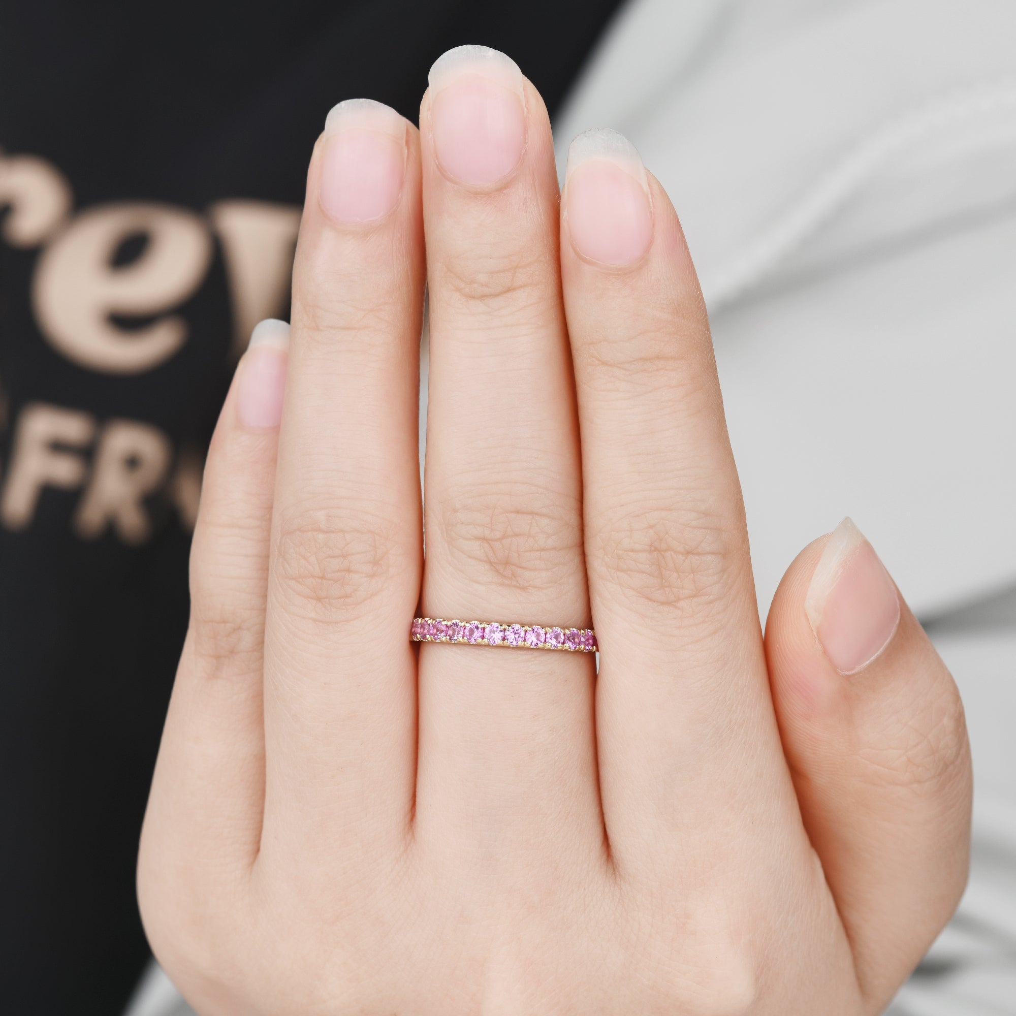 Pink Sapphire Wedding Band Ring - 14K Rose Gold Half Eternity Ring with 2mm Pave Diamonds | Elegant Bridal Jewelry for Engagement, Anniversary & Special Occasions