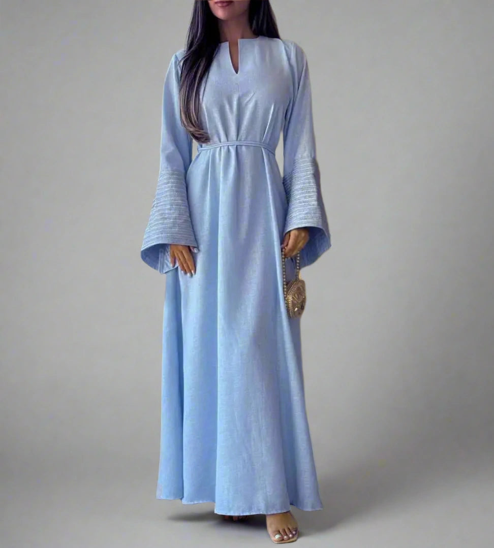 Elegant Muslim Women's V-Neck Abaya Dress with Embroidery Sleeves - Perfect for Prayer, Eid, Wedding & Special Occasions