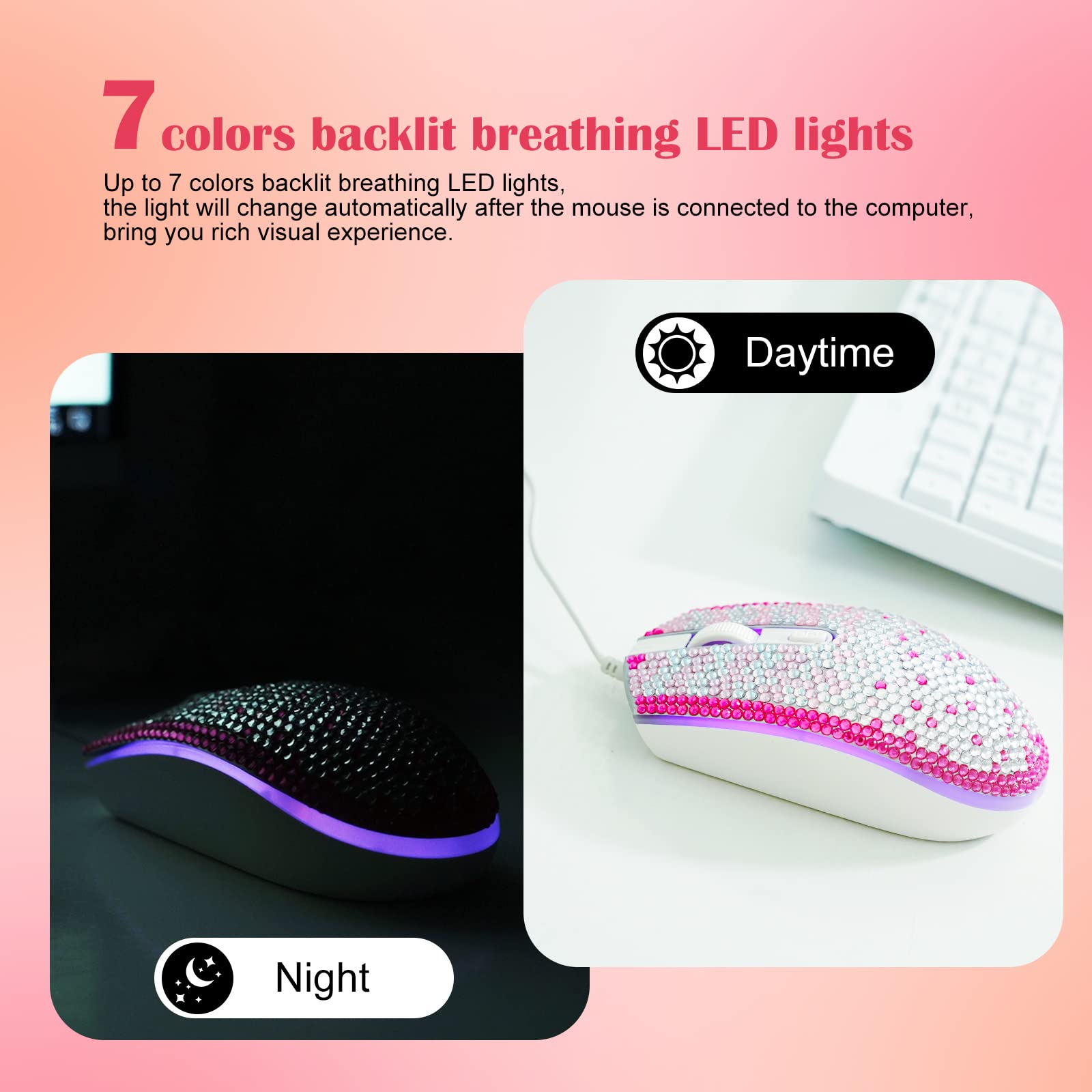 KEYPOWER Bling Rhinestones USB Wired Mouse with 7 Colors Backlit, Personalized Gift for Computer Laptop, Perfect for Gaming, Office, and Home Use