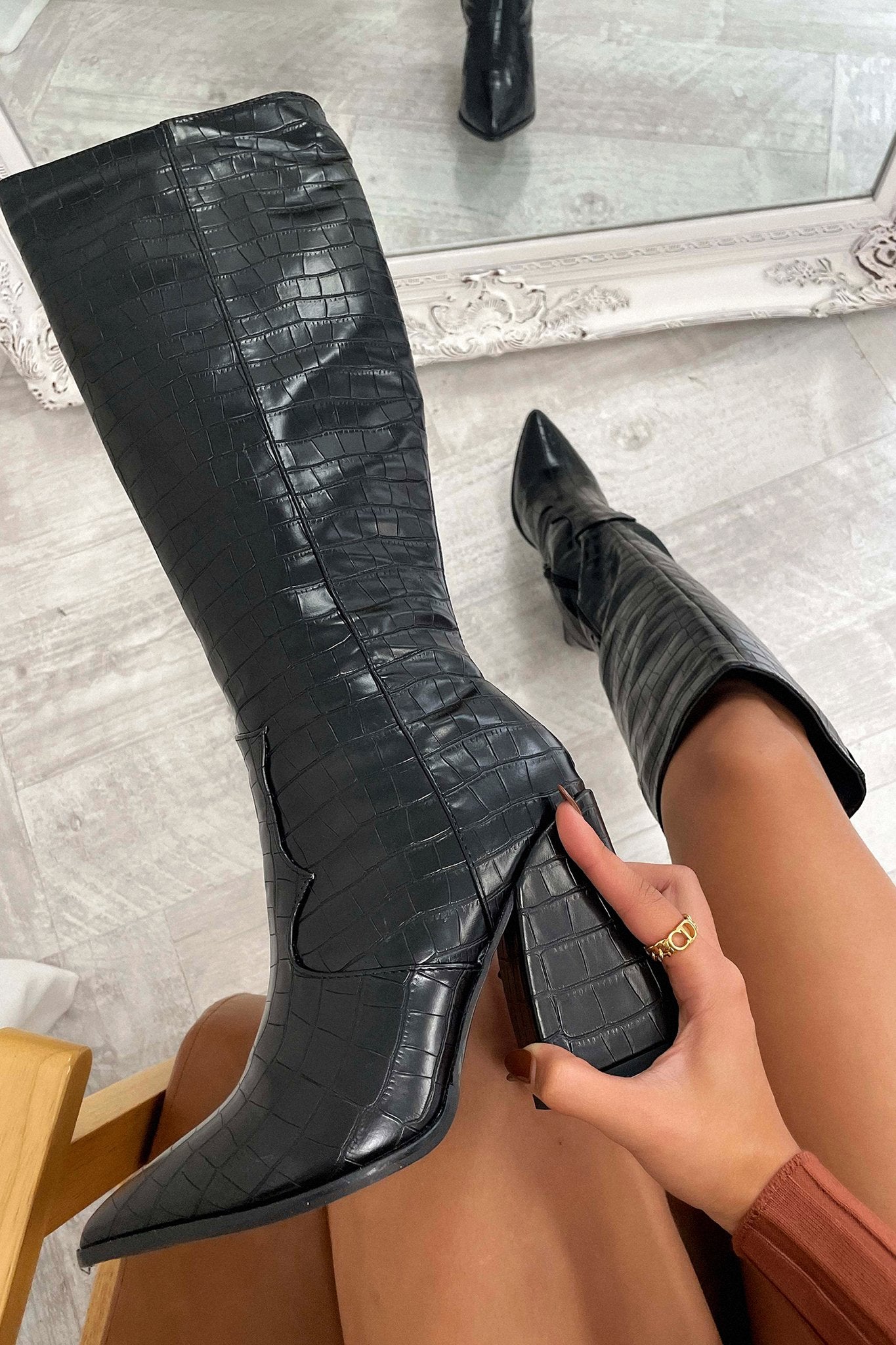 Edora Knee High Boots for Women - Black Crocodile Embossed Leather, Chunky Heel, Comfortable & Stylish - Perfect for Winter, Fall, Office Wear & Night Out