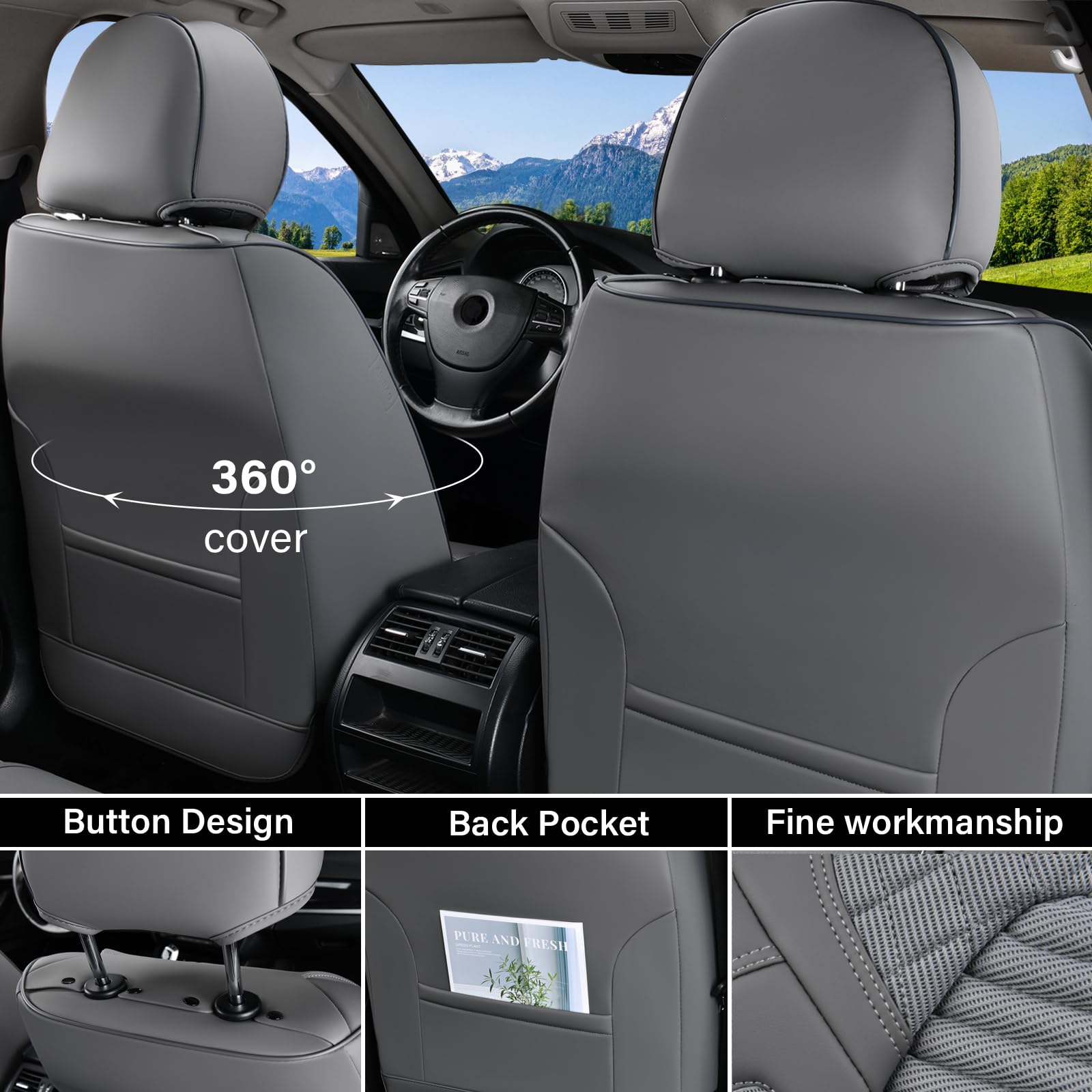 Premium Leather Car Seat Covers Full Set - Universal Fit for Most Cars, SUVs & Trucks (Gray) | Waterproof & Durable Auto Seat Protectors for Comfort & Style | Perfect for Daily Commute, Road Trips & Family Travel