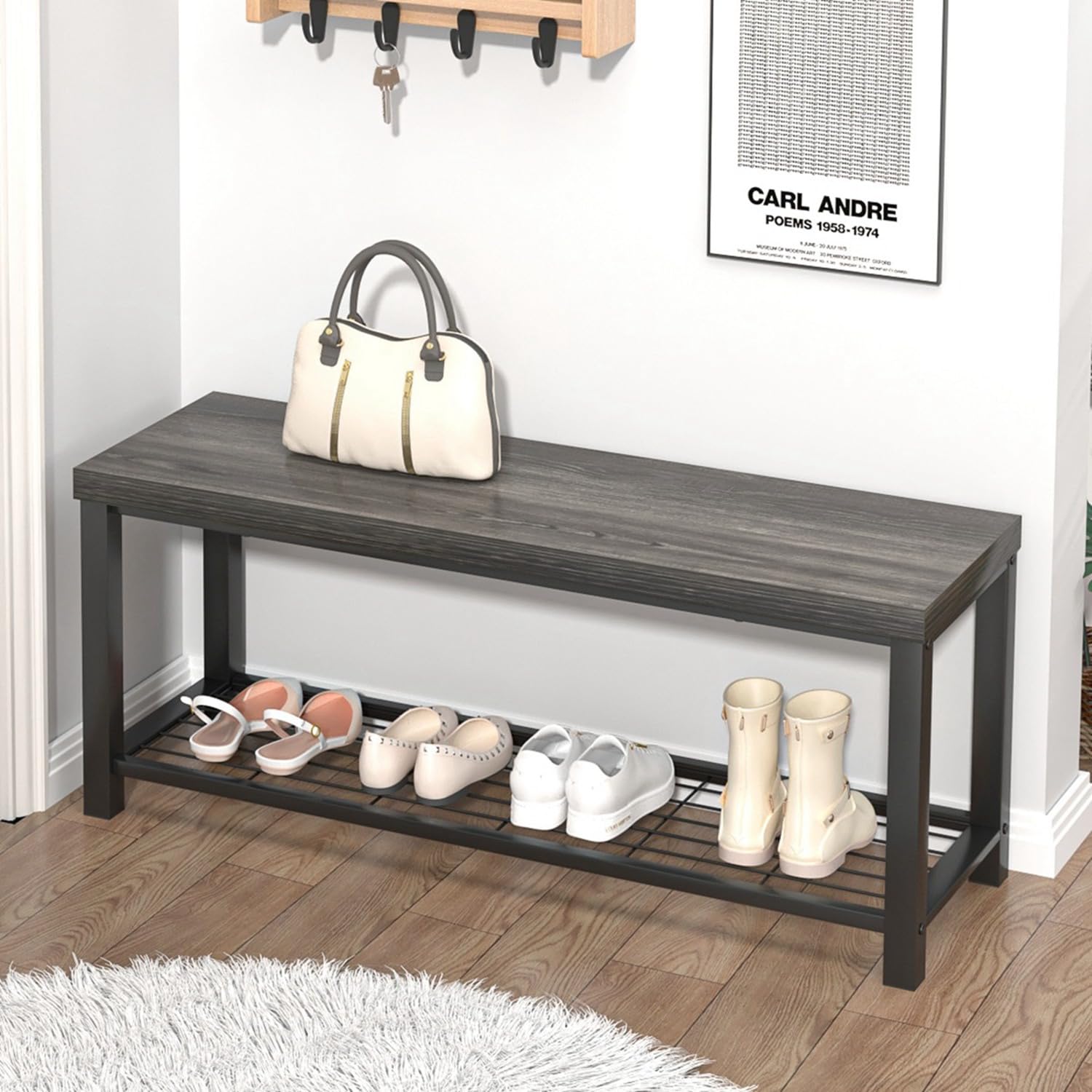 FOLUBAN 43 Inch Industrial Shoe Storage Bench - Rustic Entryway Hallway Organizer with Seat, Modern Shoe Rack for Living Room Bedroom (Dark Gray) - Perfect for Small Spaces & Mudroom Organization