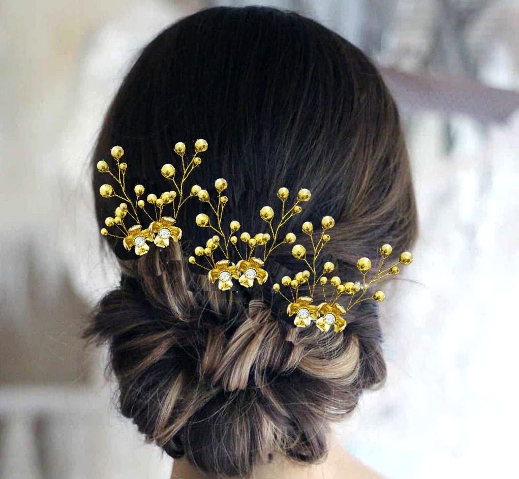 Pearl Flower Hair Pin - Elegant Small Floral Hair Bun Clip with Pearls for Women & Girls - Perfect for Weddings, Parties & Everyday Hairstyles (Golden)