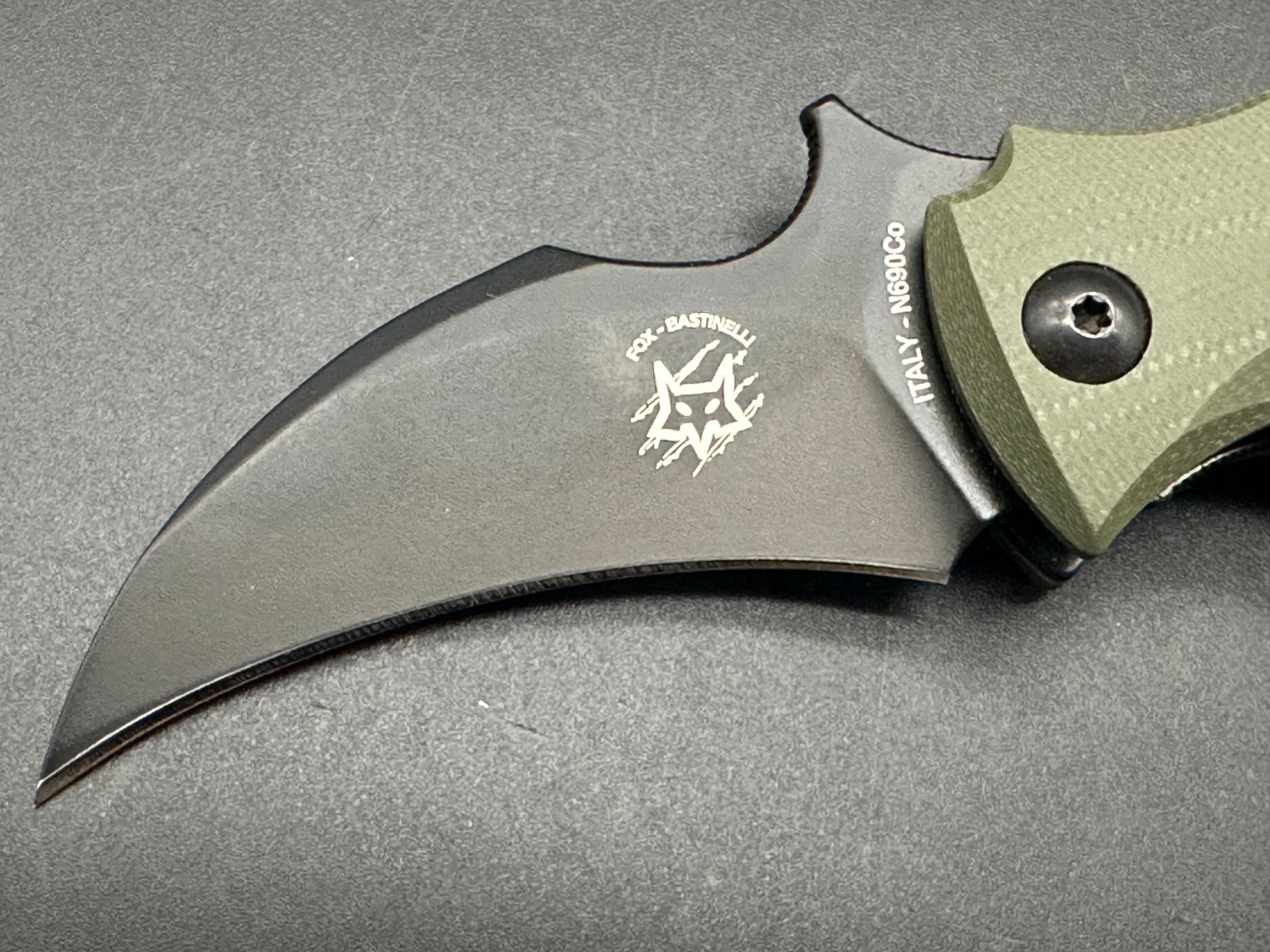 Fox Knives Bastinelli Black Bird Karambit Tactical Folding Knife - OD Green G10 Handle, 2.5