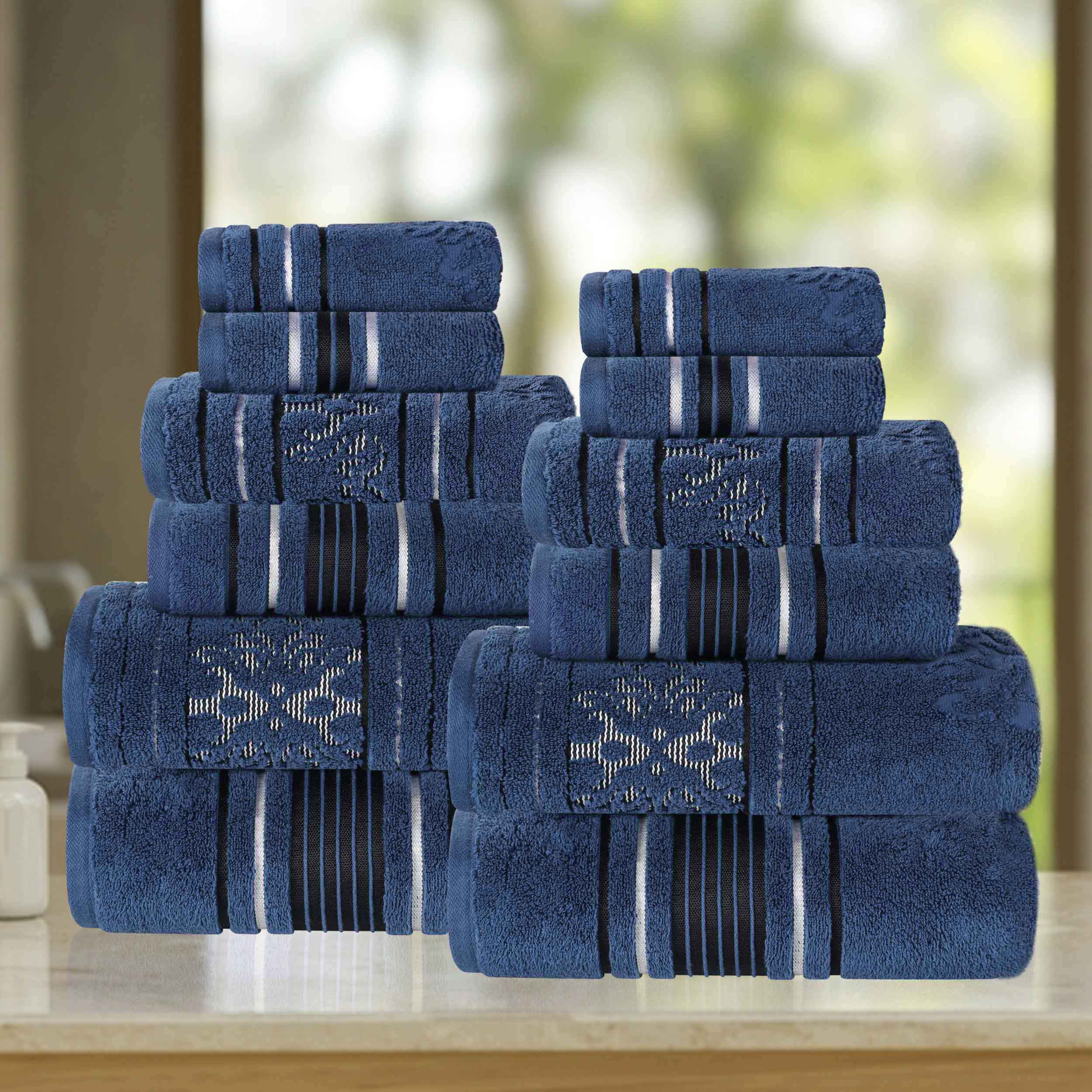 Premium 12-Piece Sadie Zero Twist Cotton Towel Set - Solid & Jacquard Floral Designs | Ultra Soft, Absorbent Bath & Beach Towels for Spa, Pool, Gym & Home Use