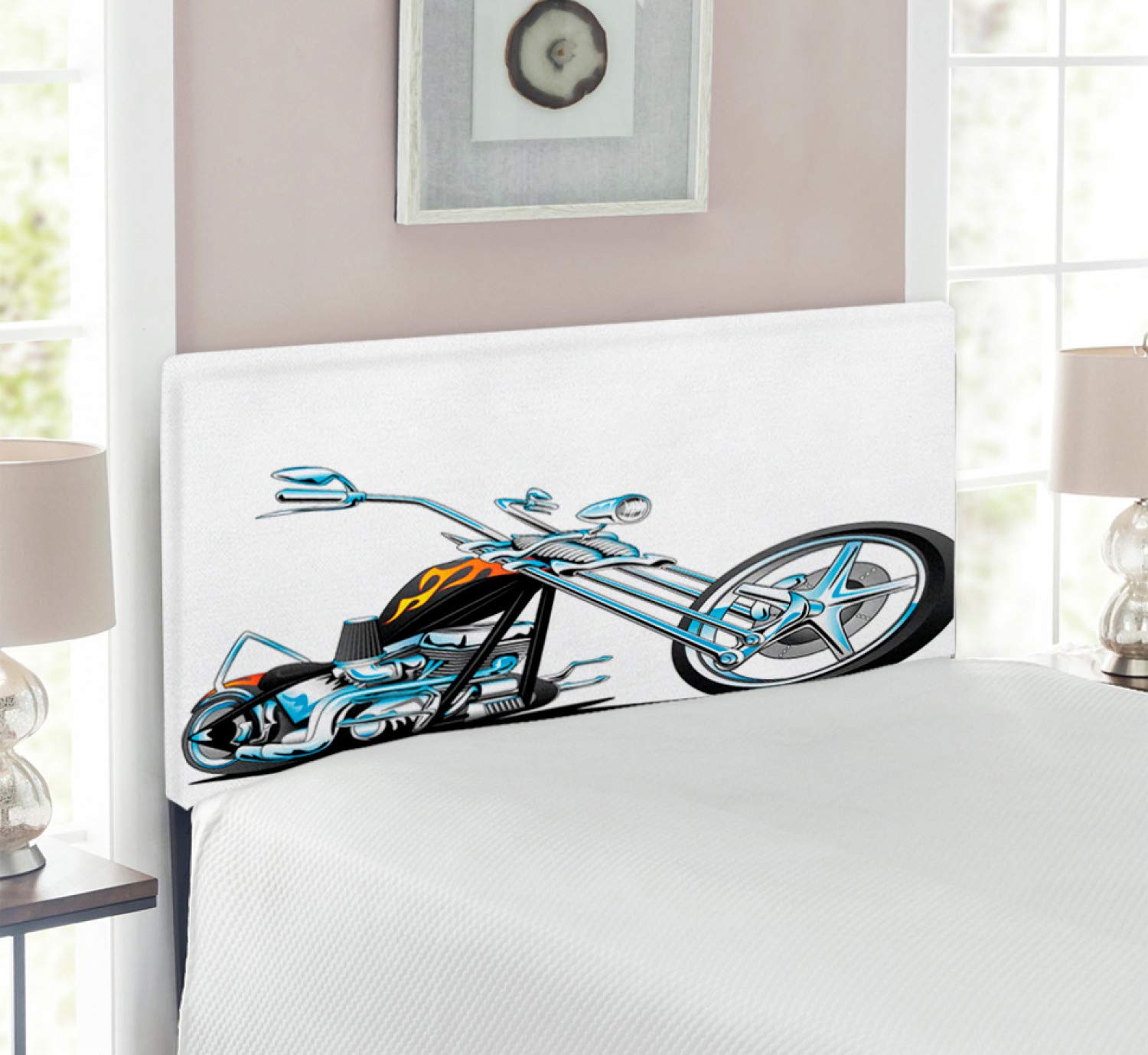 Ambesonne Motorcycle Headboard - Twin Size Upholstered Metal Bed Headboard with Memory Foam | American Chopper Inspired Design in Charcoal Grey & Pale Blue | Perfect for Biker Bedrooms, Man Caves & Sports Enthusiasts