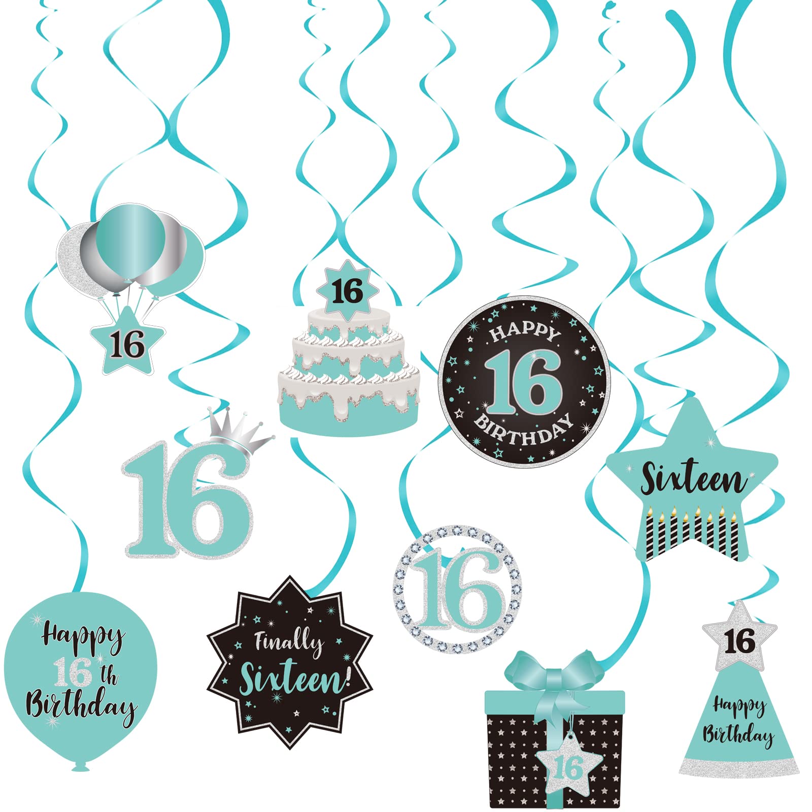 Sweet 16 Birthday Party Ceiling Decorations - 16th Birthday Hanging Swirls & Streamers in Teal, Silver, Black & Blue | Foil Cutout Decor for Teen Girl Celebration & Room Decor