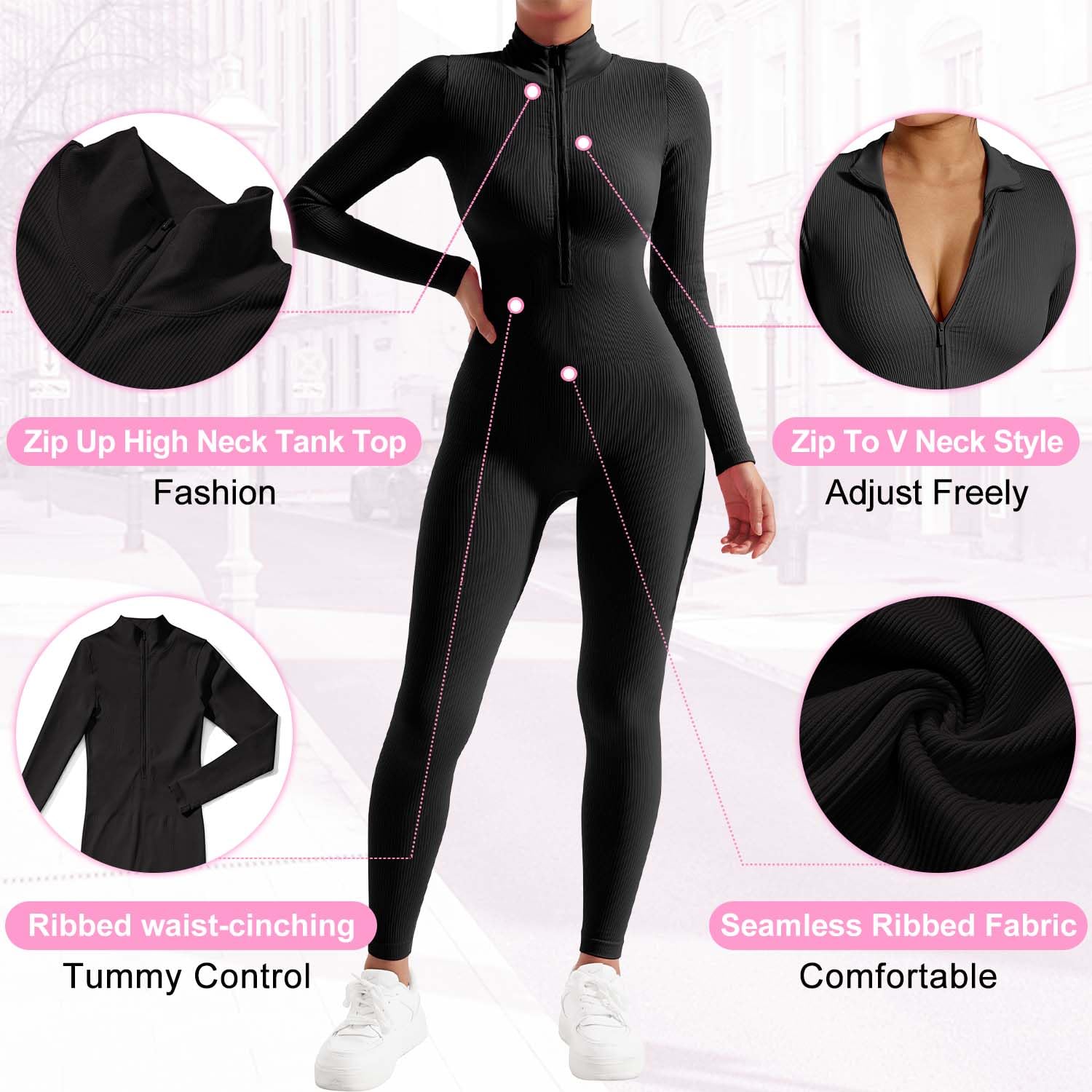 OMKAGI Women's Long Sleeve Zip Front Jumpsuit - Ribbed High Neck Workout Romper for Yoga, Gym & Casual Wear | Stretchy Comfort Outfit for Women