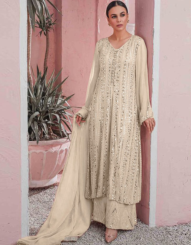 Elegant Beige Sharara Style Suit - Faux Georgette Fabric for Women's Party Wear & Wedding Guest Outfit