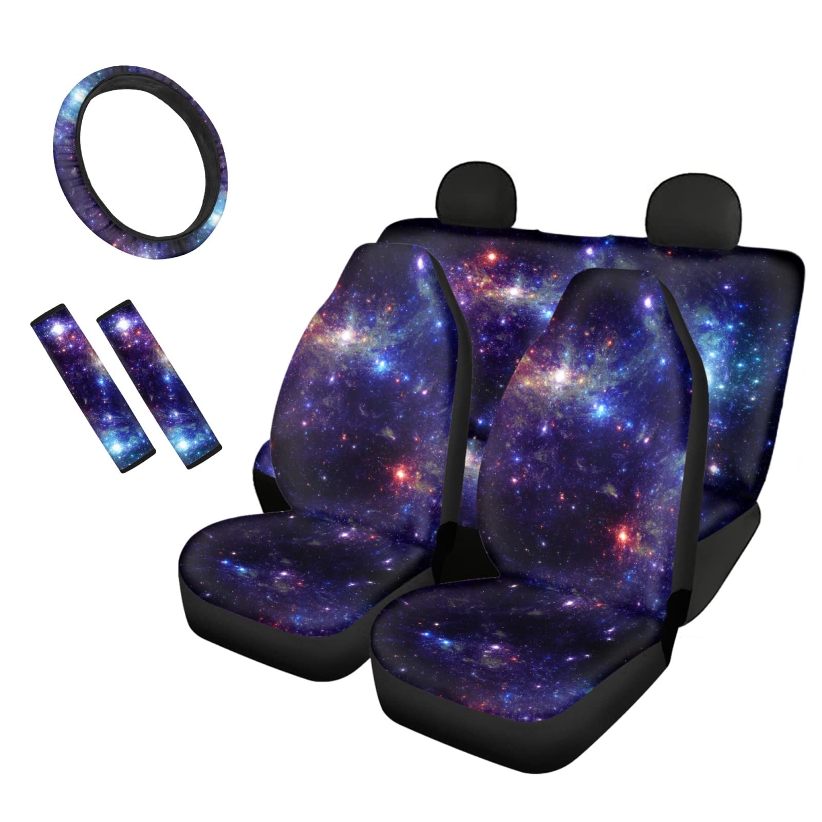TSVAGA Vintage Galaxy Print Car Seat Covers Full Set - Universal Fit for Cars, Trucks & SUVs | Front & Rear Seat Covers Combo with Steering Wheel Cover & Seat Belt Pads | Durable Automotive Accessories for Road Trips, Daily Commute & Car Protection