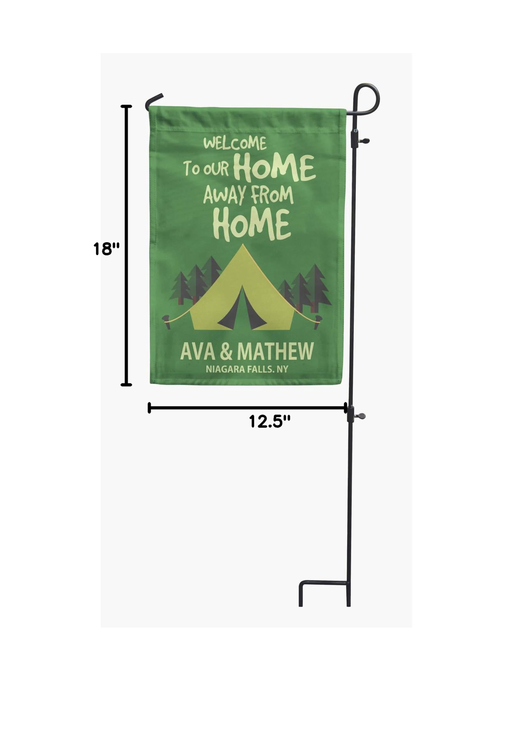 Custom Personalized Double Sided Campsite Flag - Seaweed Green Welcome to Our Home Away from Home Camping Flag for Outdoor Enthusiasts | Perfect for RV Parks, Campgrounds & Backyard Camping Decor
