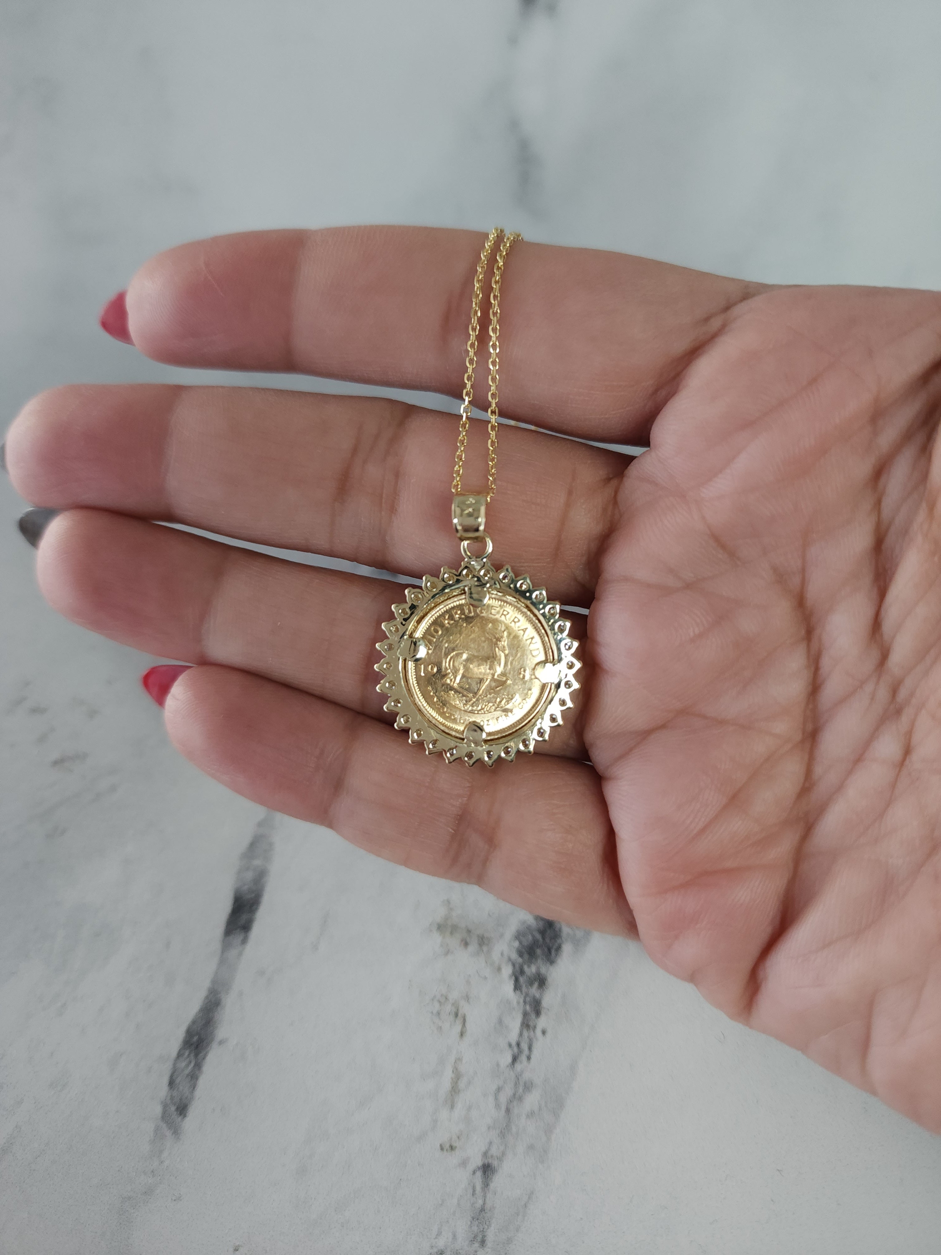 South African Krugerrand Coin Necklace with Diamond Halo - 1 oz Gold Coin Pendant Jewelry for Women - Perfect for Gifts, Special Occasions & Luxury Fashion Accessories