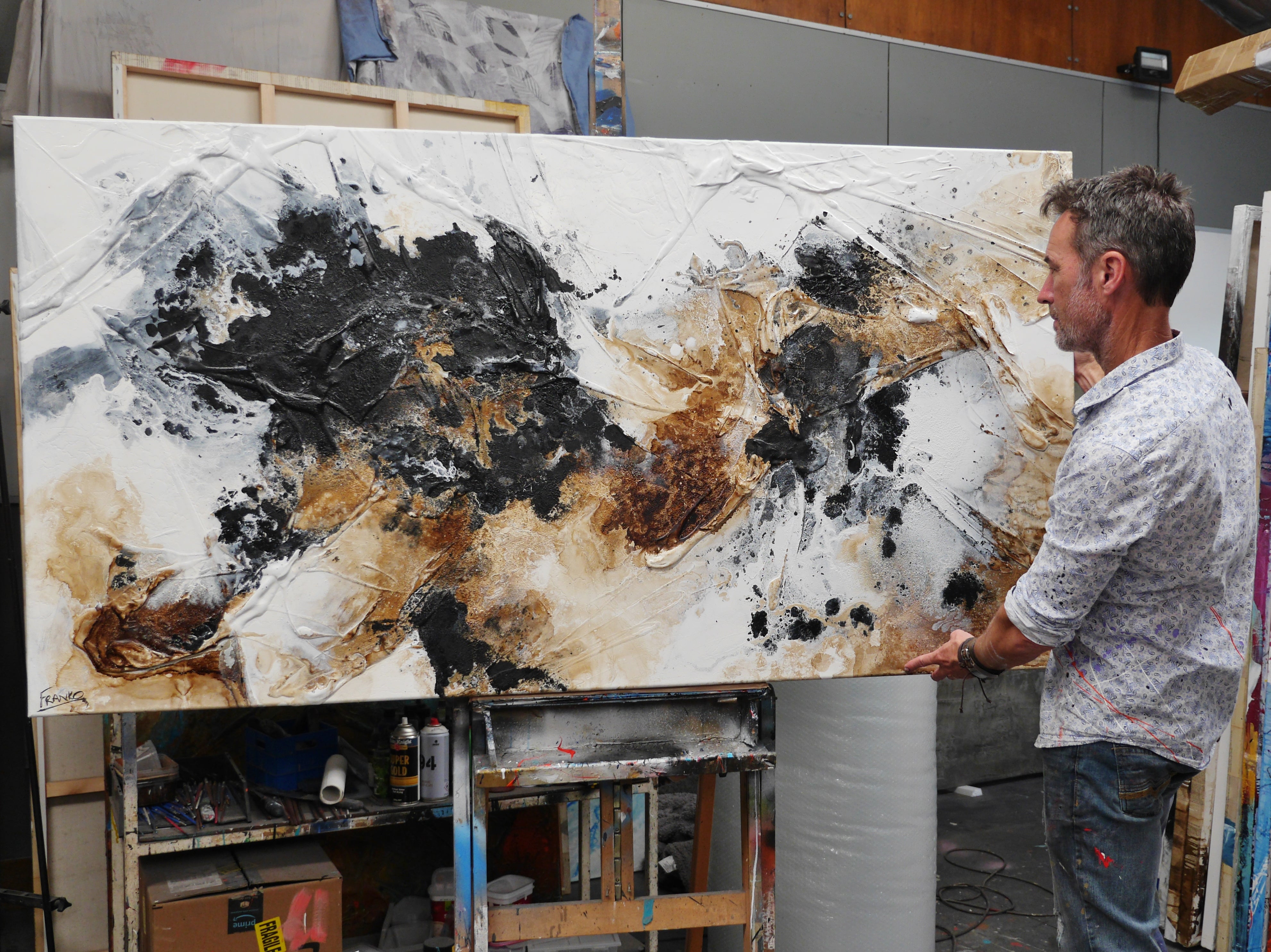 190cm x 100cm Modern Abstract Textured Painting in Rust Black Slate White - Perfect for Living Room, Bedroom or Office Wall Decor