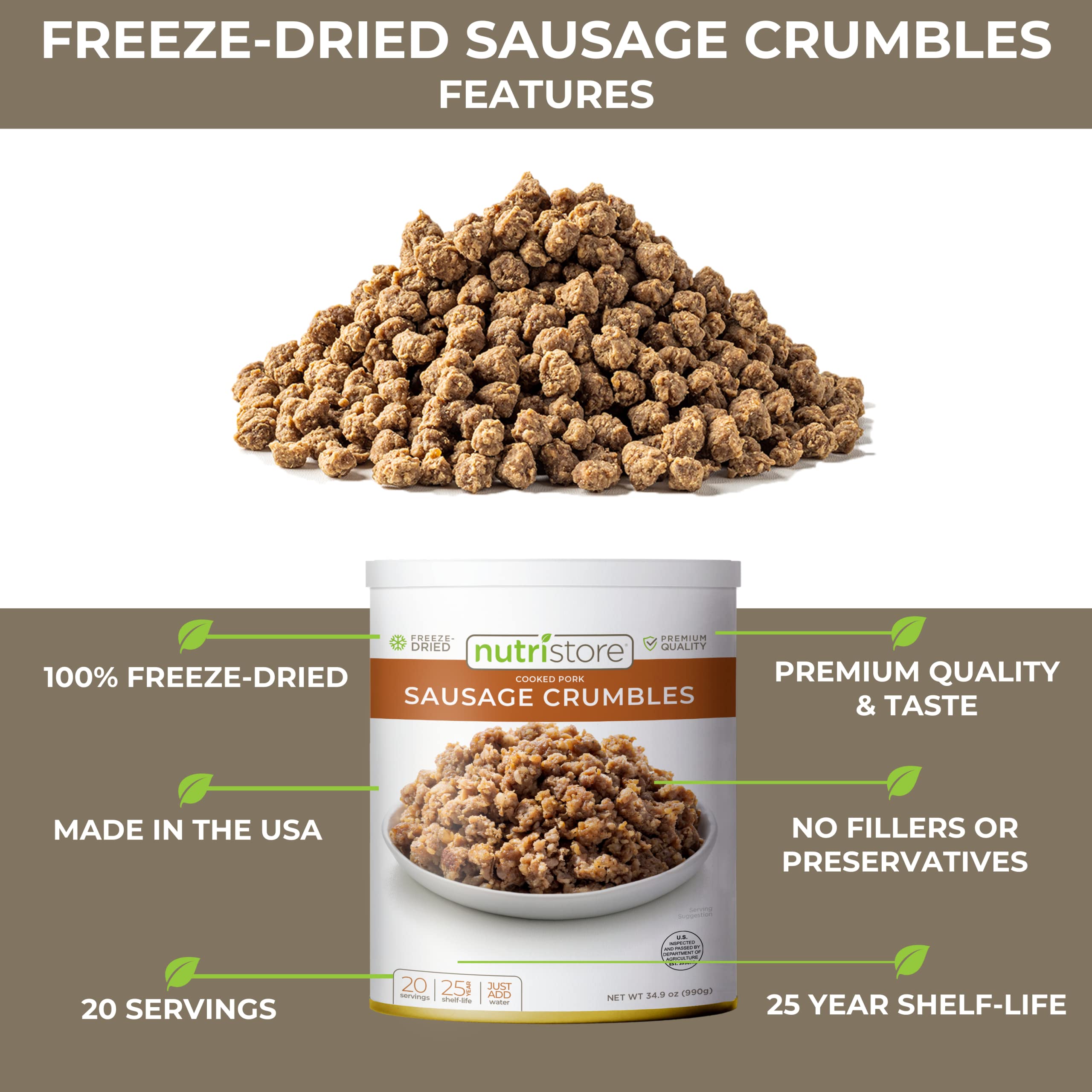 Nutristore Freeze Dried Sausage | Pre-Cooked Ground Pork Meat for Backpacking, Camping & Emergency Food Supply | 25 Year Shelf Life Survival Food | Bulk #10 Can (34.9 oz) | Perfect for Outdoor Adventures, Hiking & Long-Term Storage