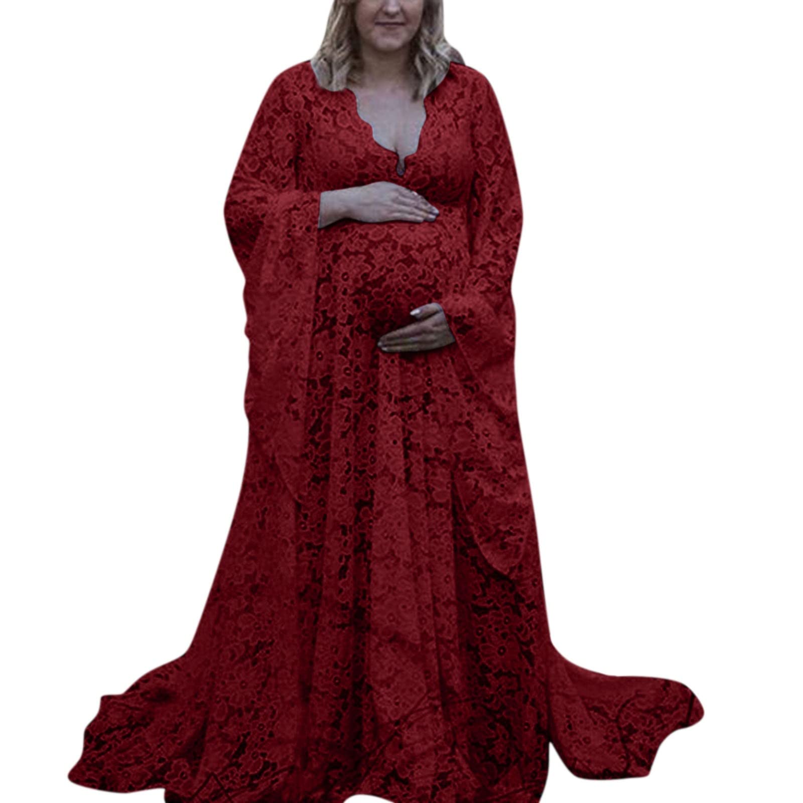 Boho Lace Maternity Maxi Dress for Photoshoots - Flowy Pink Pregnancy Gown for Maternity Photography, Baby Shower & Special Occasions