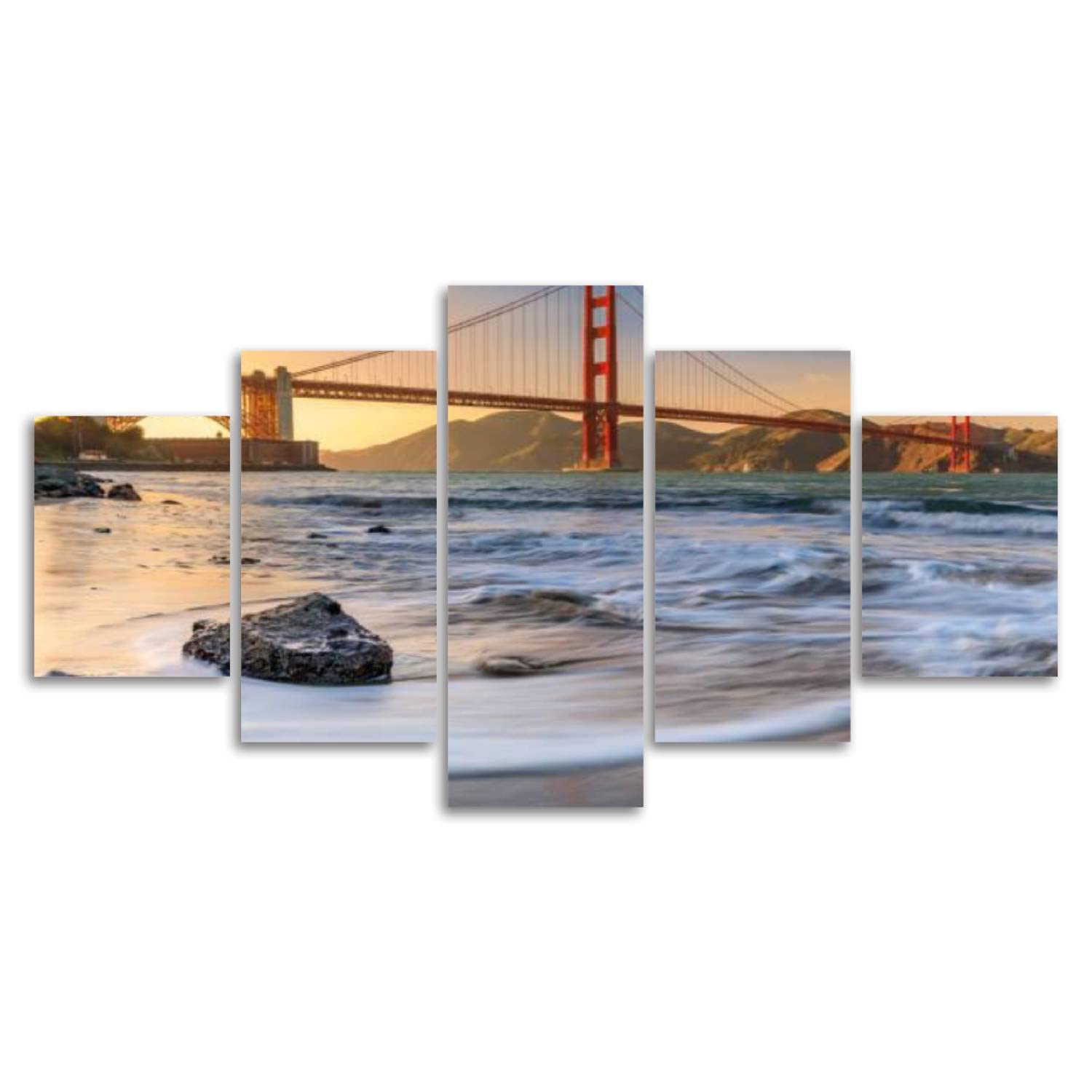 5 Panels Modern Canvas Prints - Golden Gate Bridge Sunset Wall Art for Home Decor, Living Room, Bedroom & Office - Framed & Ready to Hang - Perfect for Coastal, Modern & Vintage Interior Design Styles