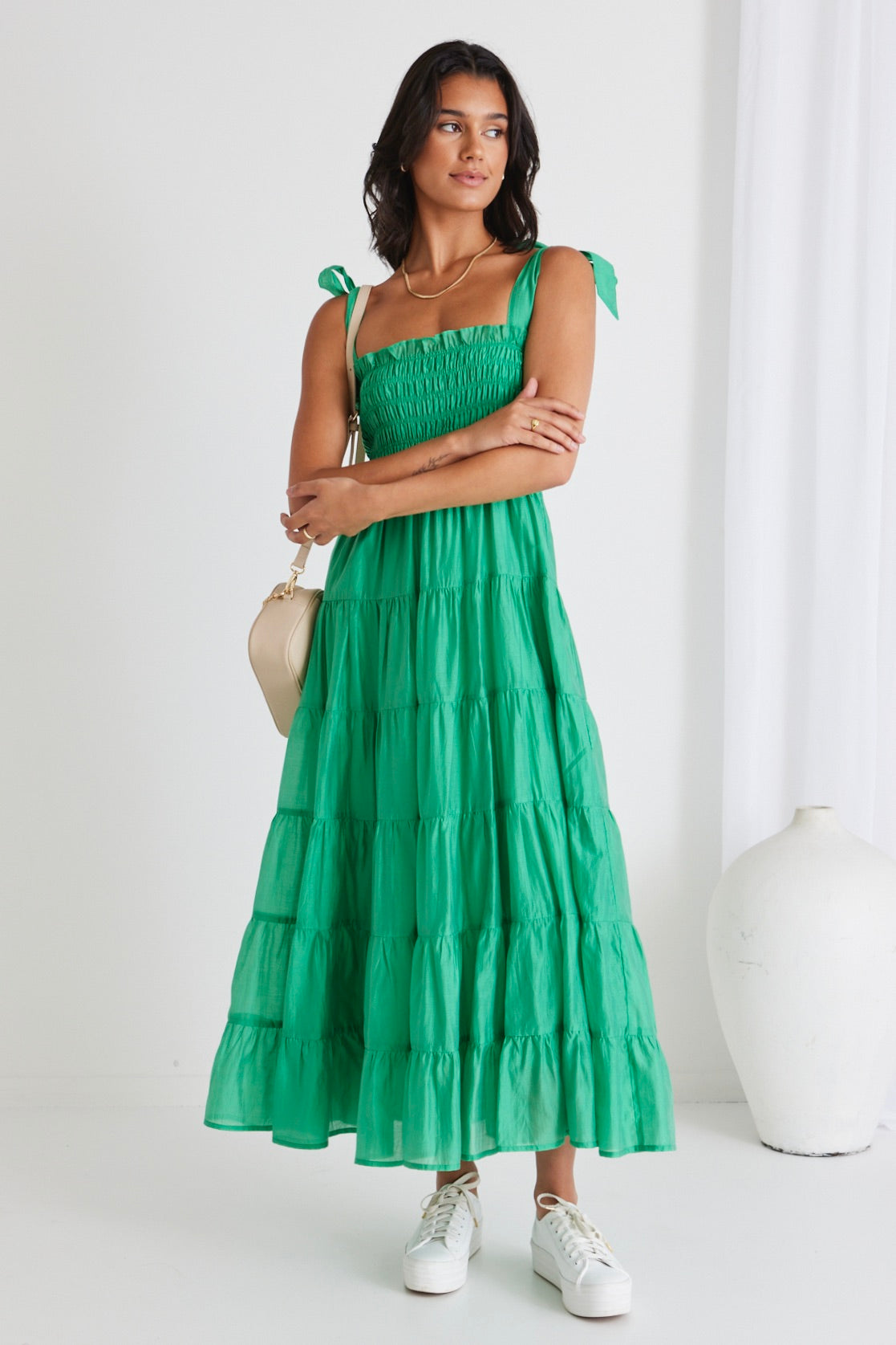 Isabella Green Strappy Tiered Maxi Dress for Women - Summer Beach Wedding Party Dress - Flowy Boho Long Dress with Slit