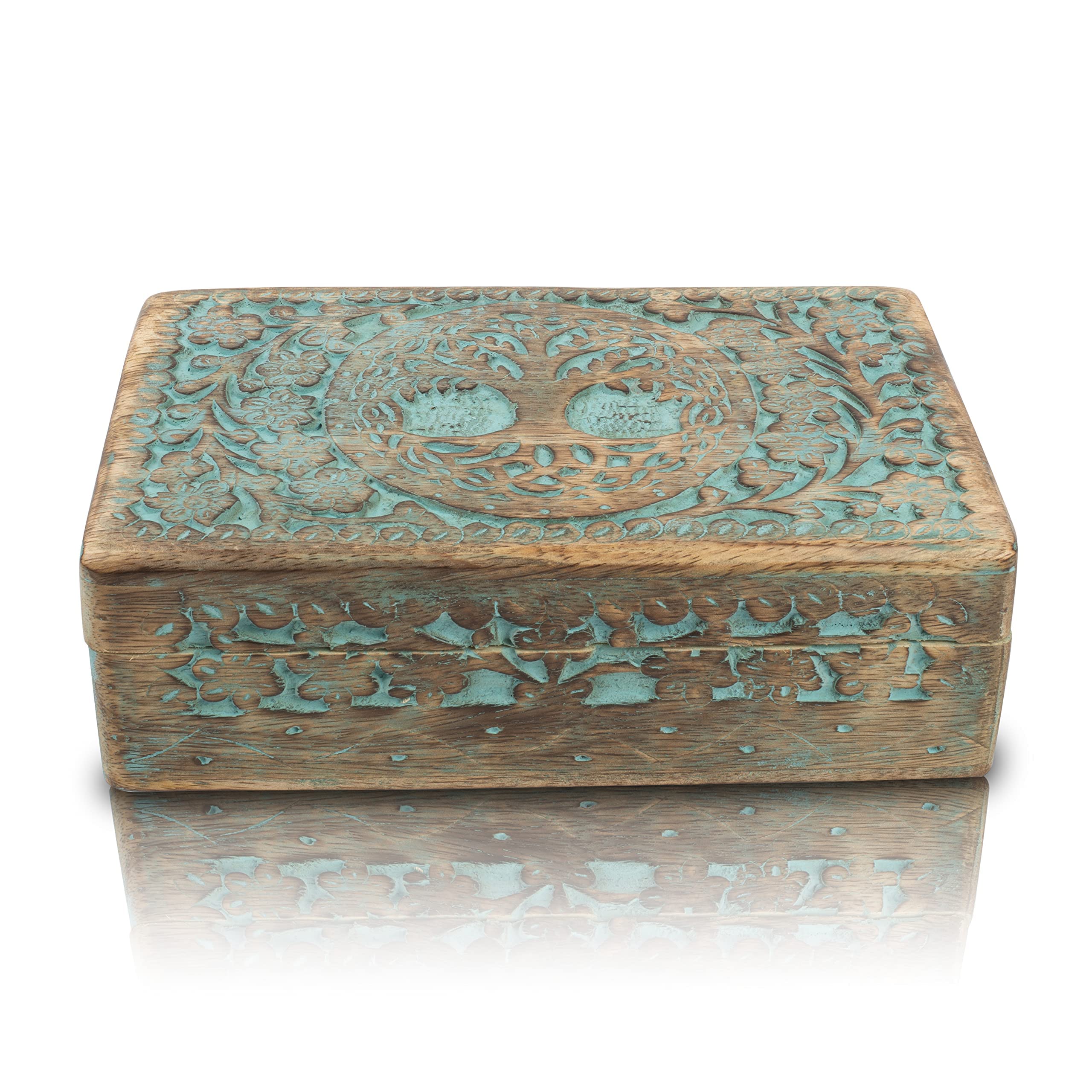 Handmade Wooden Jewelry Box with Tree of Life Carving - Jewelry Organizer, Keepsake Box & Watch Storage - Perfect Birthday, Housewarming Gift for Women (Blue) | Ideal for Home Decor, Jewelry Collection & Special Occasion Gifts